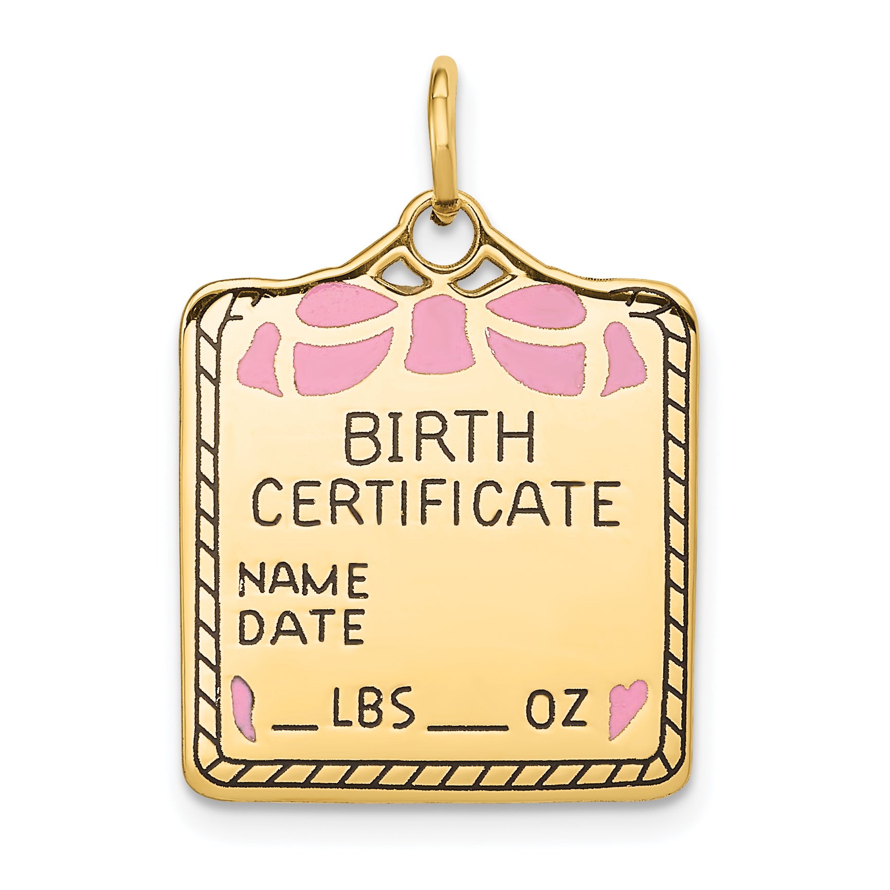 14k Enameled Pink Engravable Birth Certificate Charm