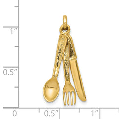 14K Gold Polished 3D Knife Fork Spoon Charm Set