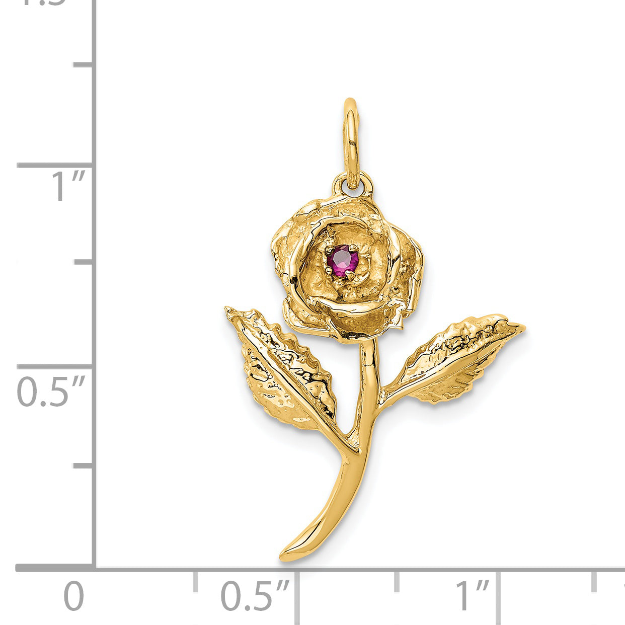 14K Gold Rose Pendant with Red CZ Stone Elegant Polished Finish