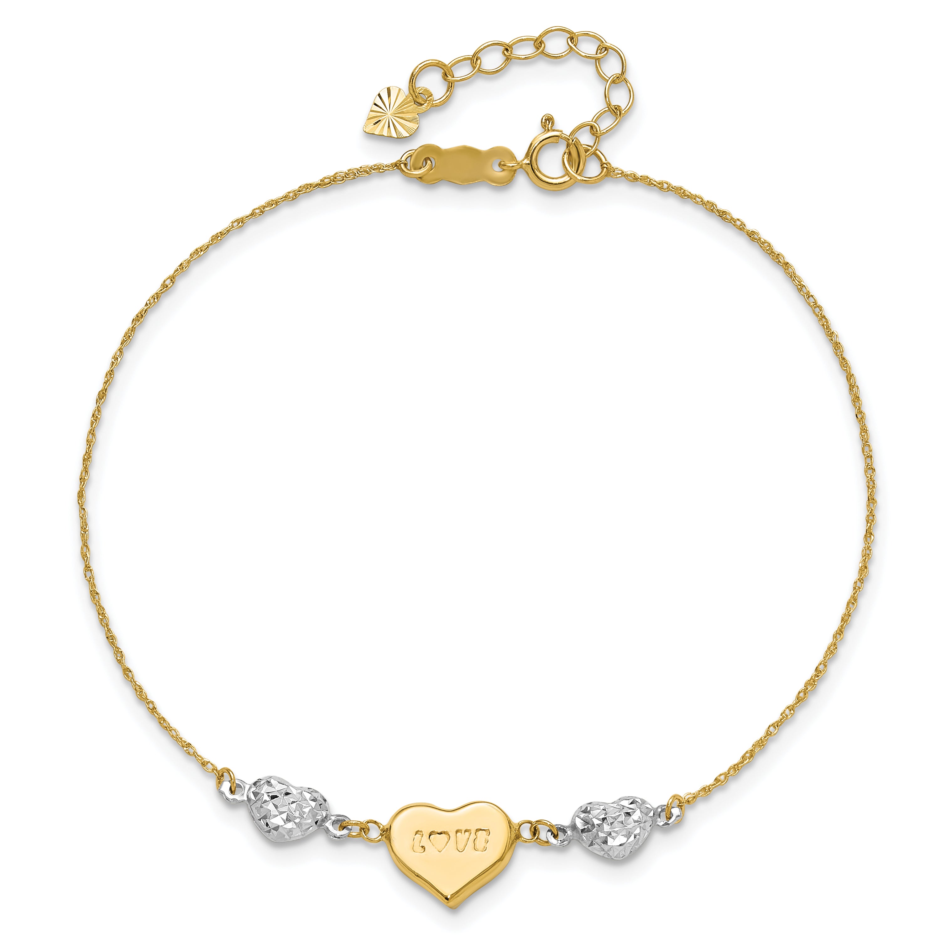 14K Two Tone Puffed LOVE Heart & D/C Hearts Bracelet