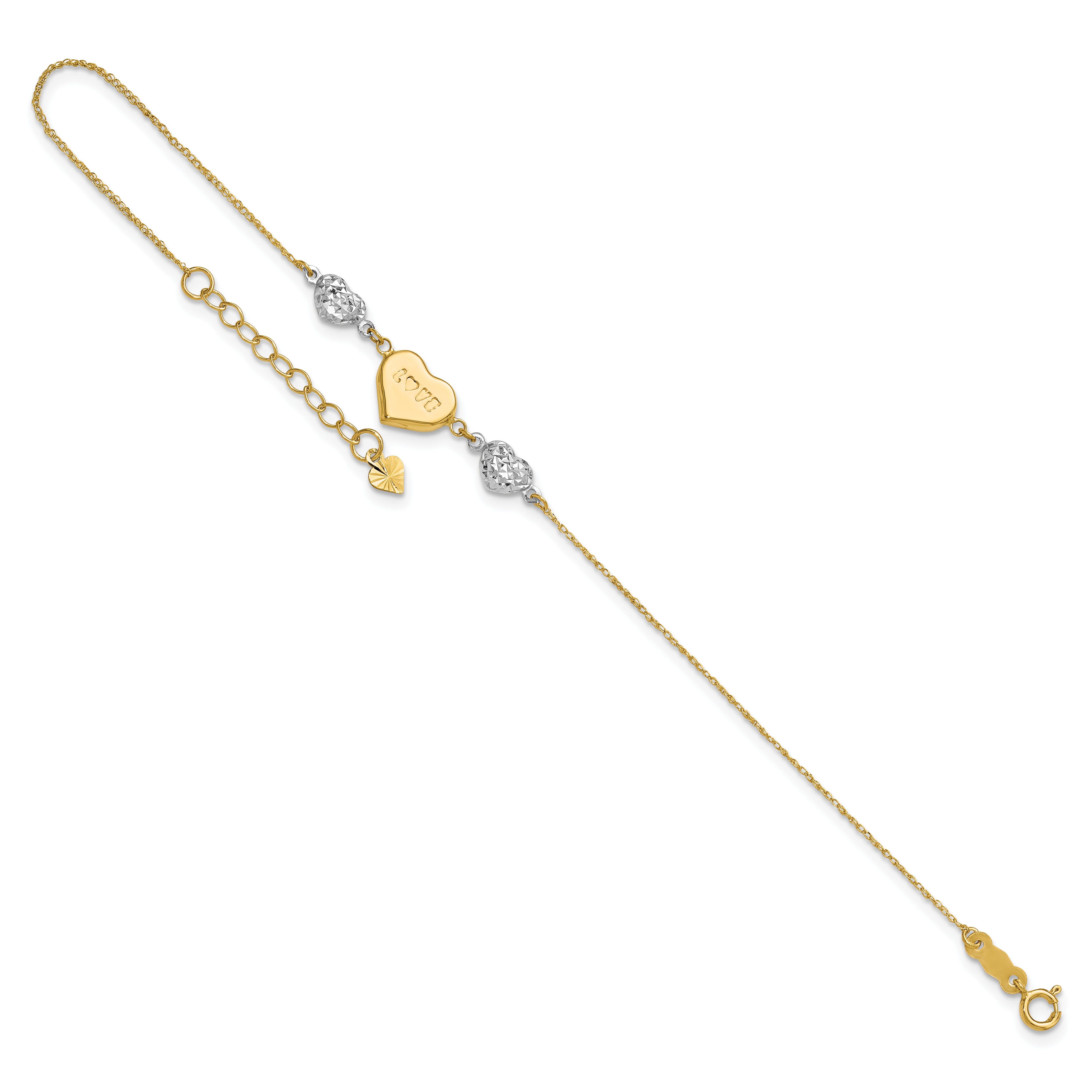 14K Two Tone Puffed LOVE Heart & D/C Hearts Bracelet