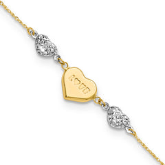 14K Two Tone Puffed LOVE Heart & D/C Hearts Bracelet