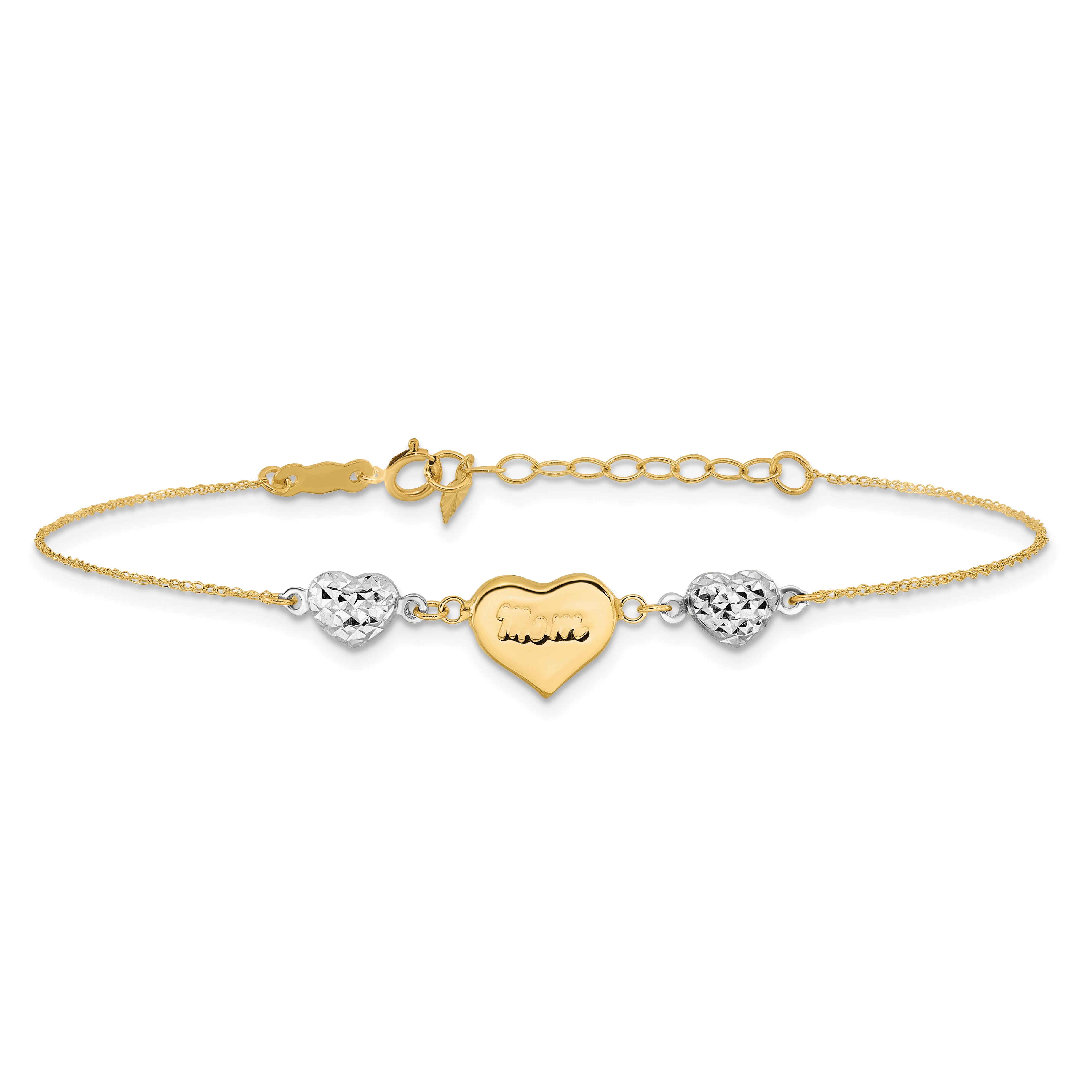 14K Two Tone Puffed MOM Heart 7in w/ 1 In Ext Bracelet