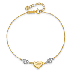 14K Two Tone Puffed MOM Heart 7in w/ 1 In Ext Bracelet