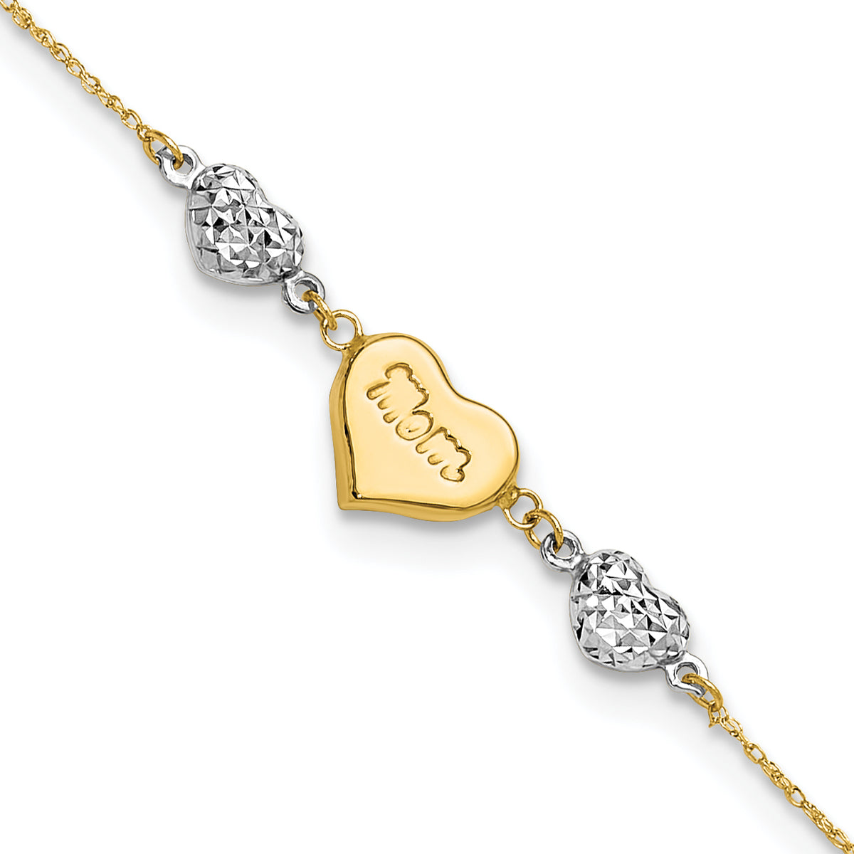 14K Two Tone Puffed MOM Heart 7in w/ 1 In Ext Bracelet