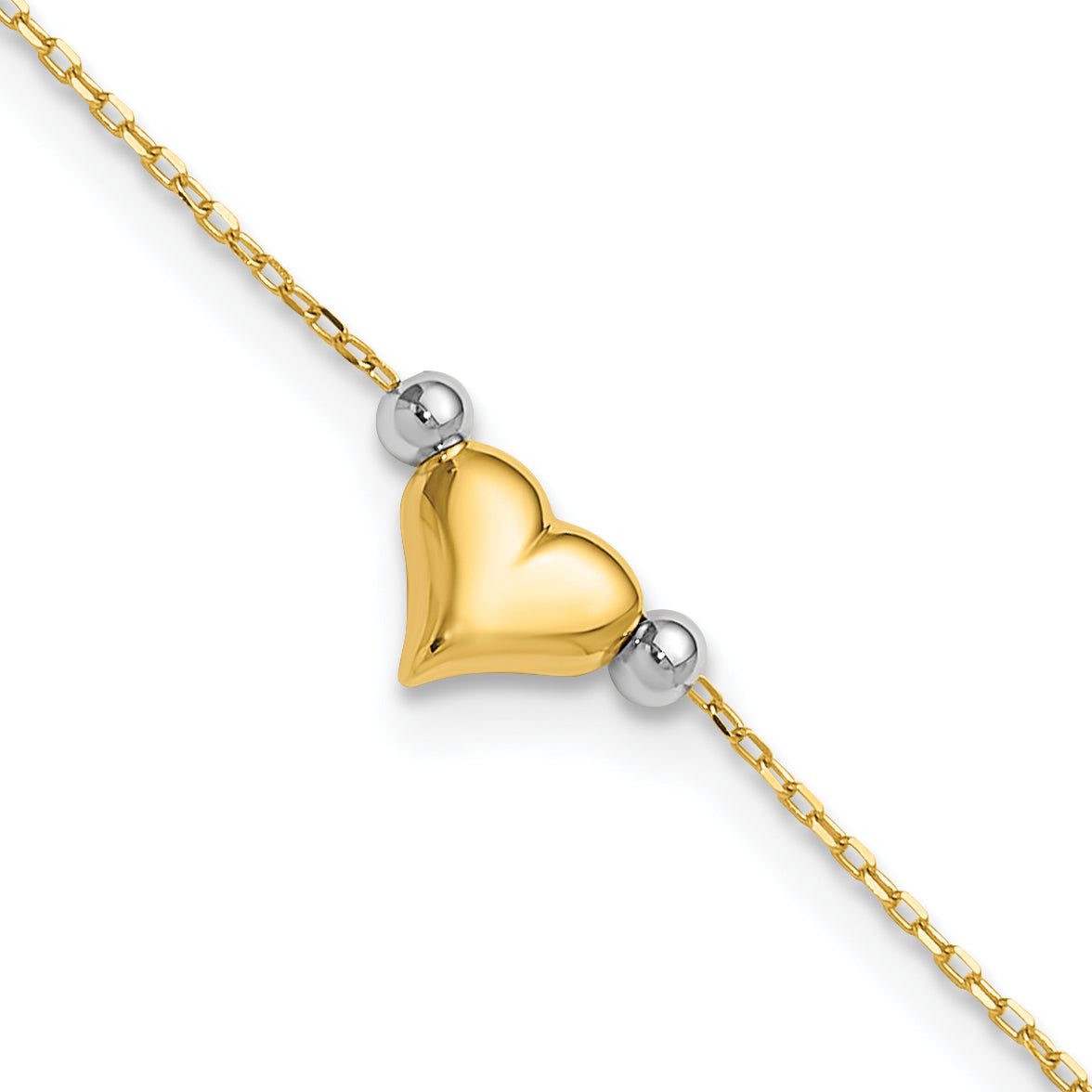 14k Two-Tone Polished Puffed Heart with Beads 10in Anklet