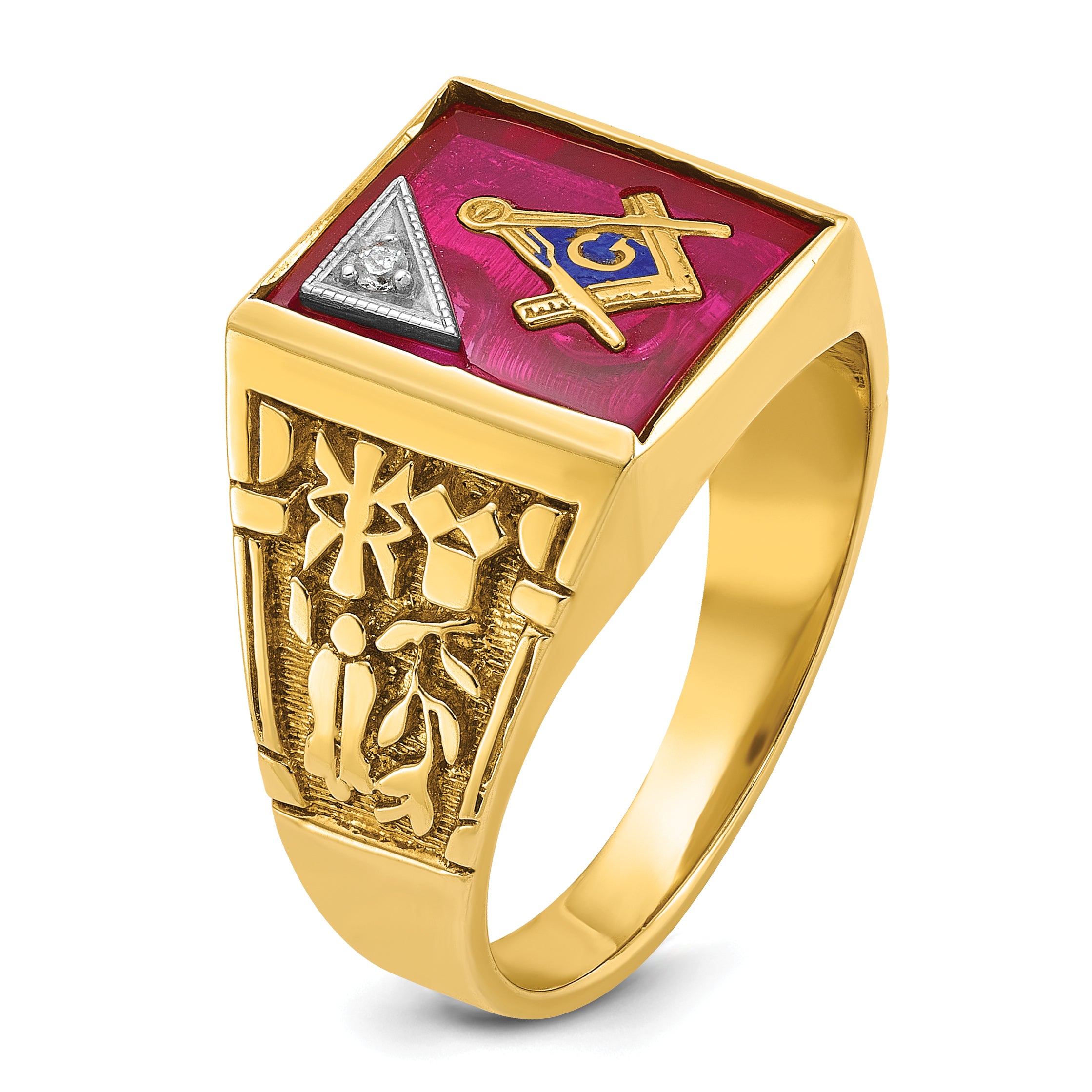 IBGoodman 10k Two-tone Men's Polished and Textured with Lab Created Ruby and Diamond Blue Lodge Master Masonic Ring