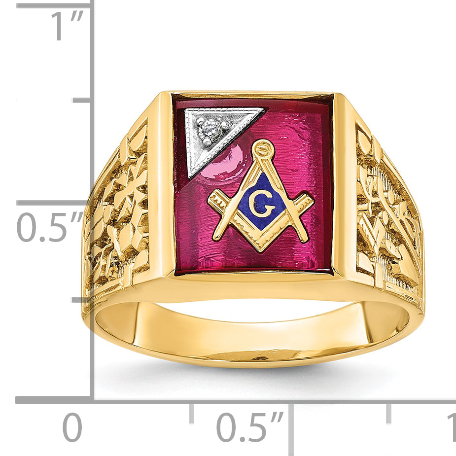 IBGoodman 10k Two-tone Men's Polished and Textured with Lab Created Ruby and Diamond Blue Lodge Master Masonic Ring