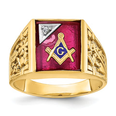 IBGoodman 10k Two-tone Men's Polished and Textured with Lab Created Ruby and Diamond Blue Lodge Master Masonic Ring