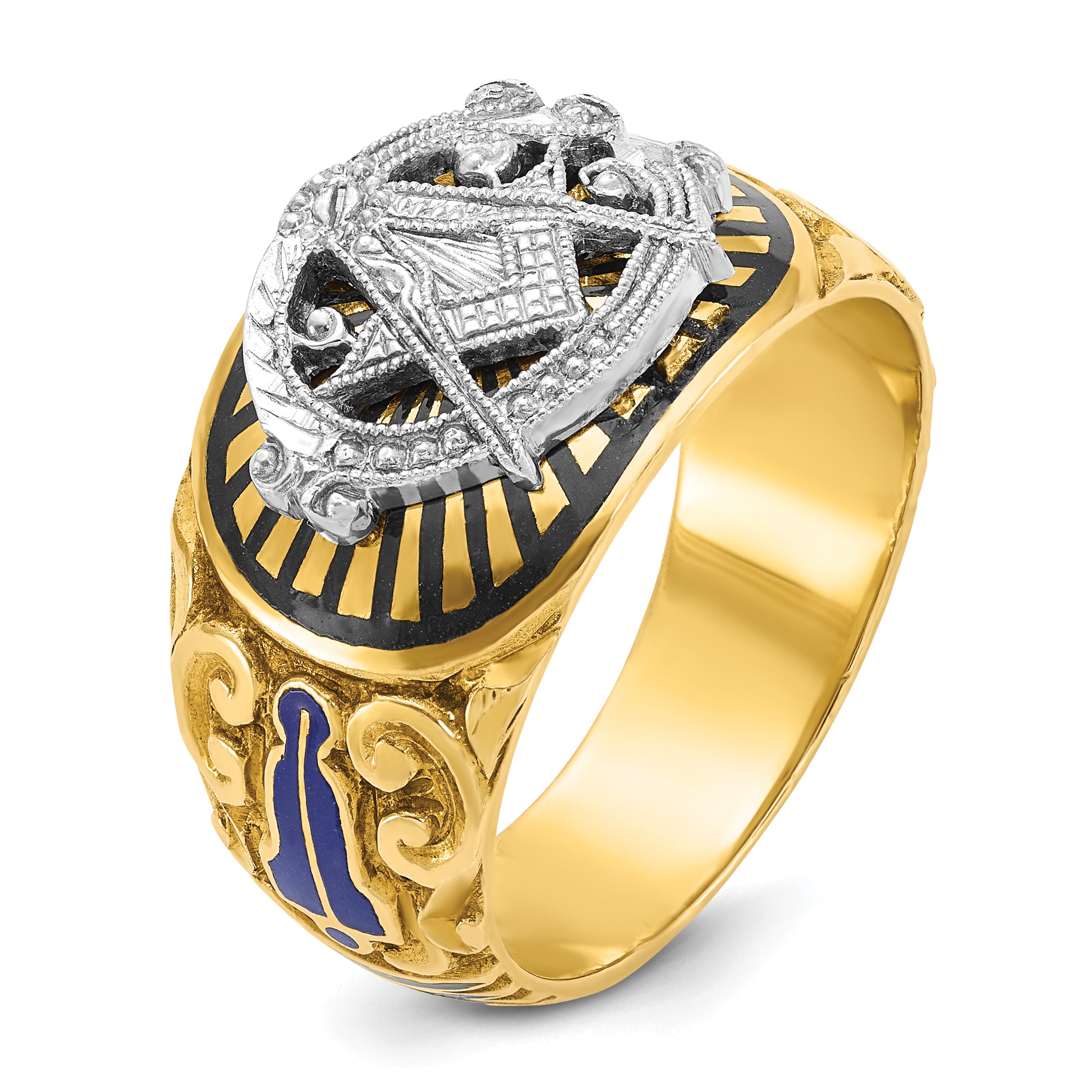 IBGoodman 10k Two-tone Men's Polished and Textured with Multi-color Enamel Blue Lodge Master Masonic Ring