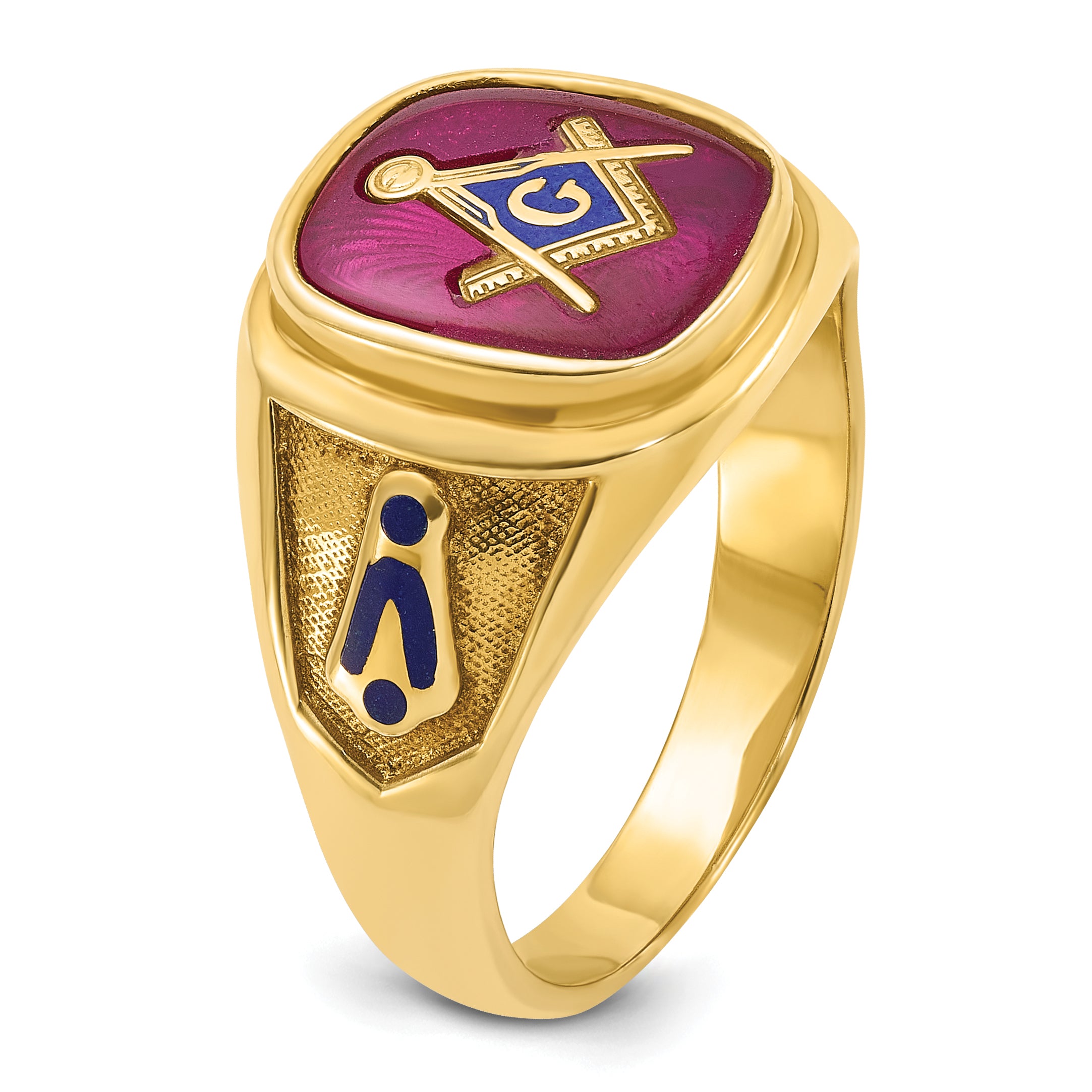 IBGoodman 10k Men's Polished and Textured with Blue Enamel and Lab Created Ruby Blue Lodge Master Masonic Ring