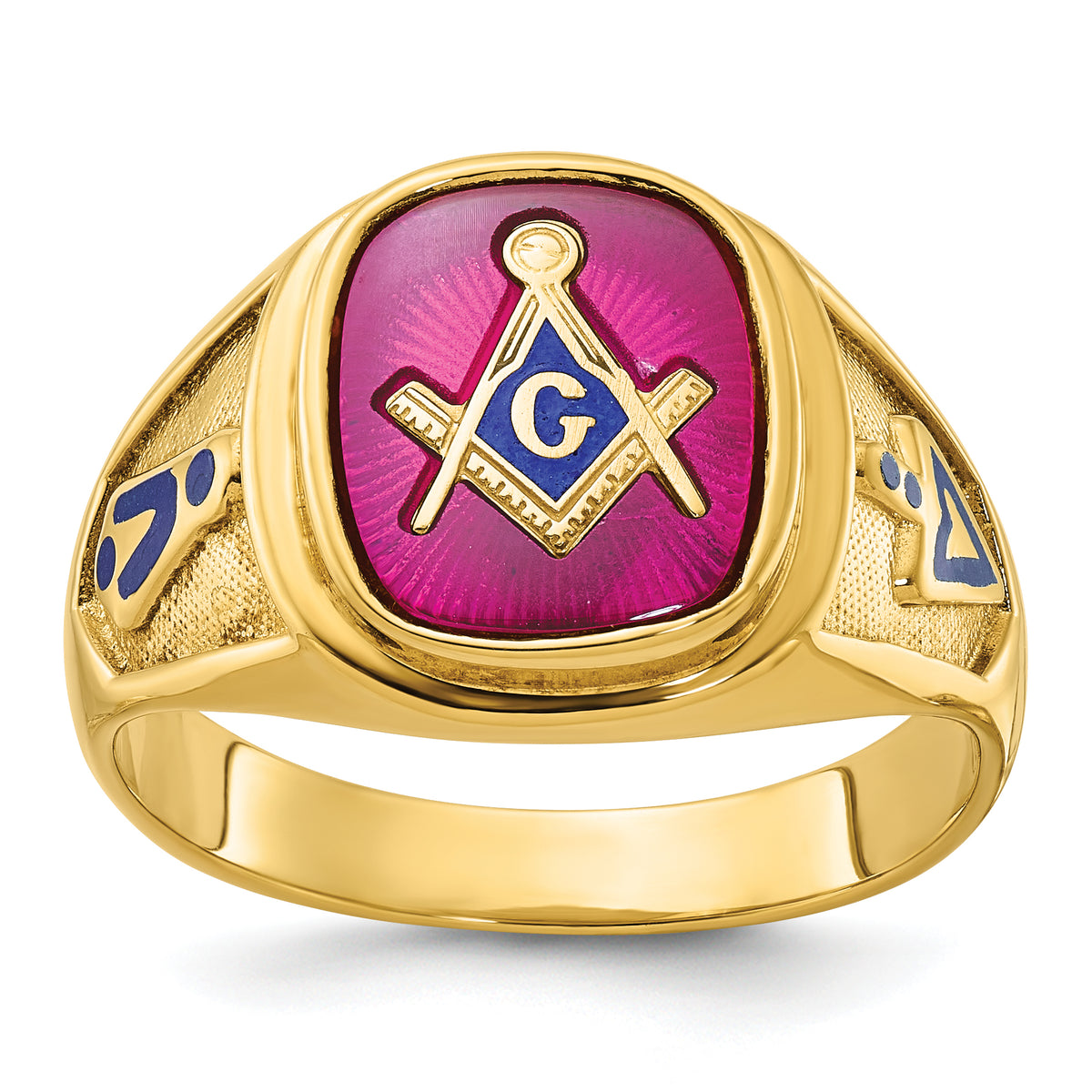 IBGoodman 10k Men's Polished and Textured with Blue Enamel and Lab Created Ruby Blue Lodge Master Masonic Ring