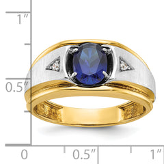 IBGoodman 10k Two-tone Men's Polished Satin and Grooved Lab Created Sapphire and A Quality Diamond Ring