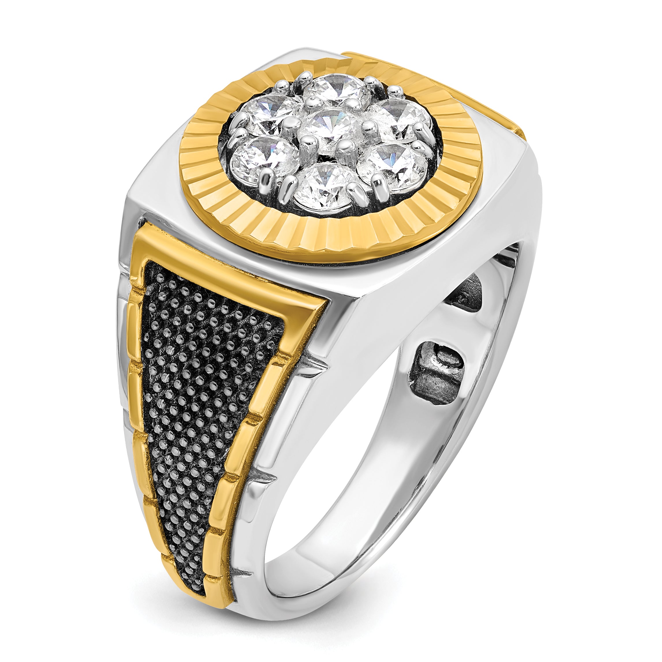 IBGoodman 10k Two-tone with Black Rhodium Men's Polished Textured and Diamond-cut 1 Carat A Quality Diamond Round Cluster Ring