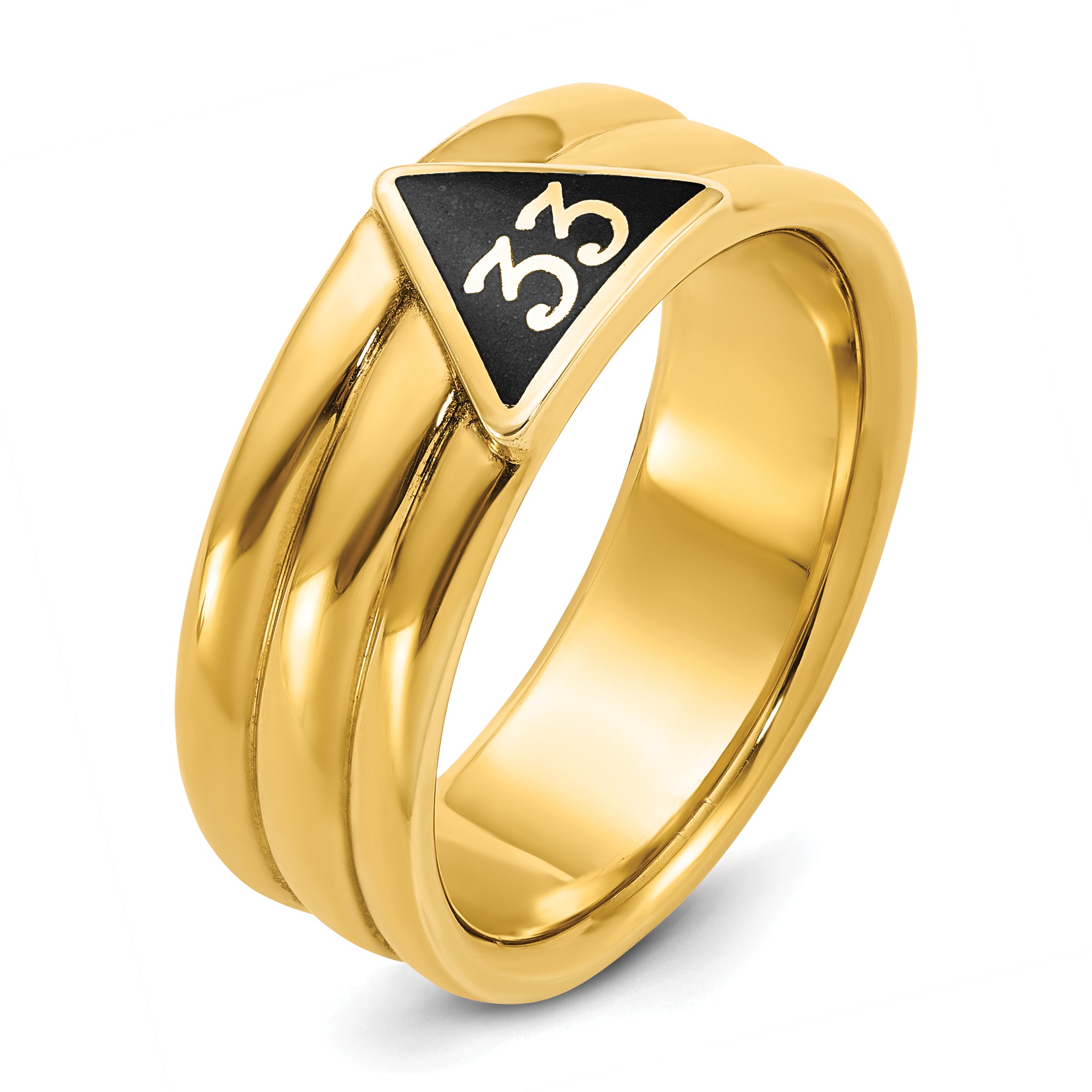 IBGoodman 10k Men's Polished and Grooved with Black Enamel Active 33rd Degree Masonic Ring