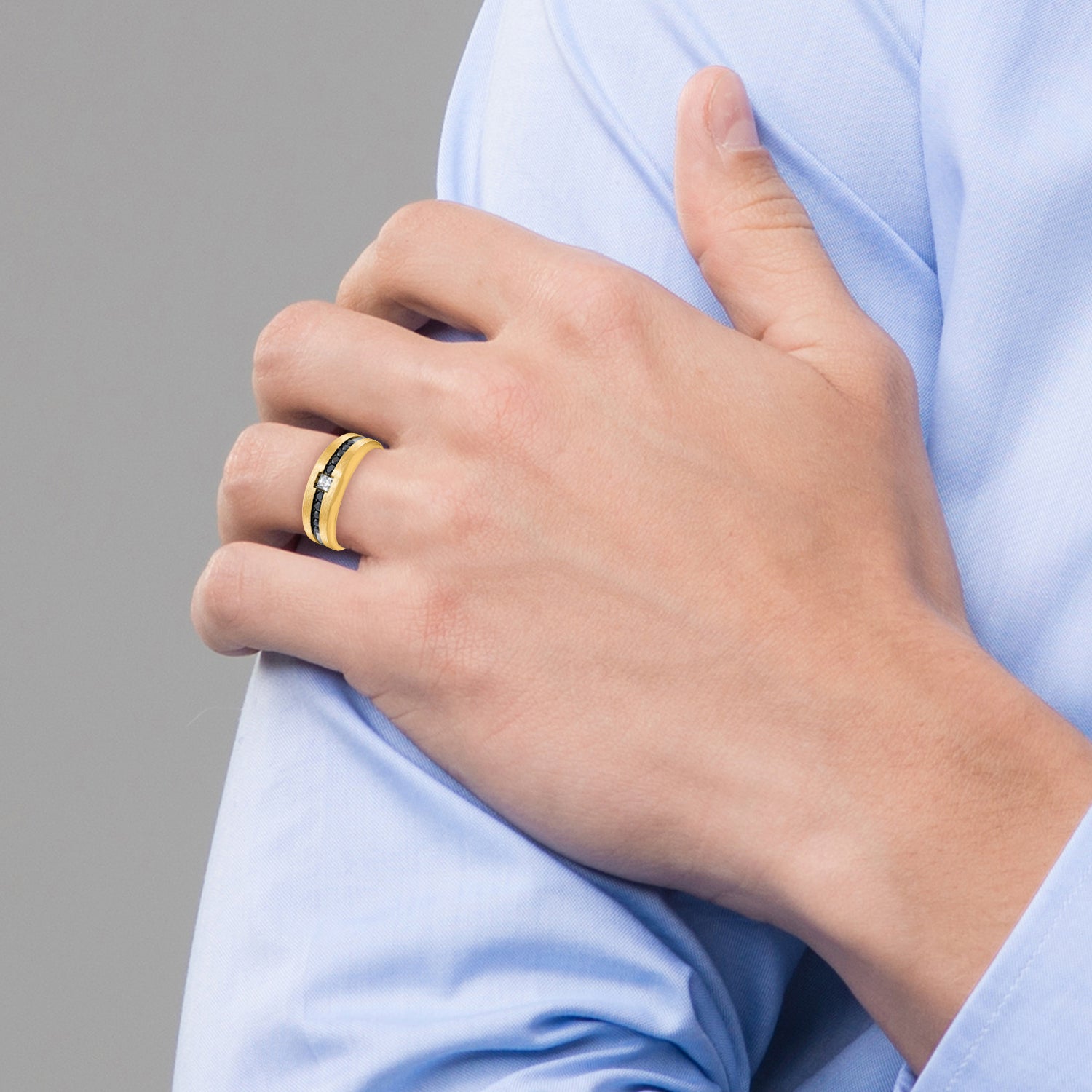 10k Yellow Gold with Black Rhodium IBGoodman Men's Polished and Brushed Black and White Diamond Ring