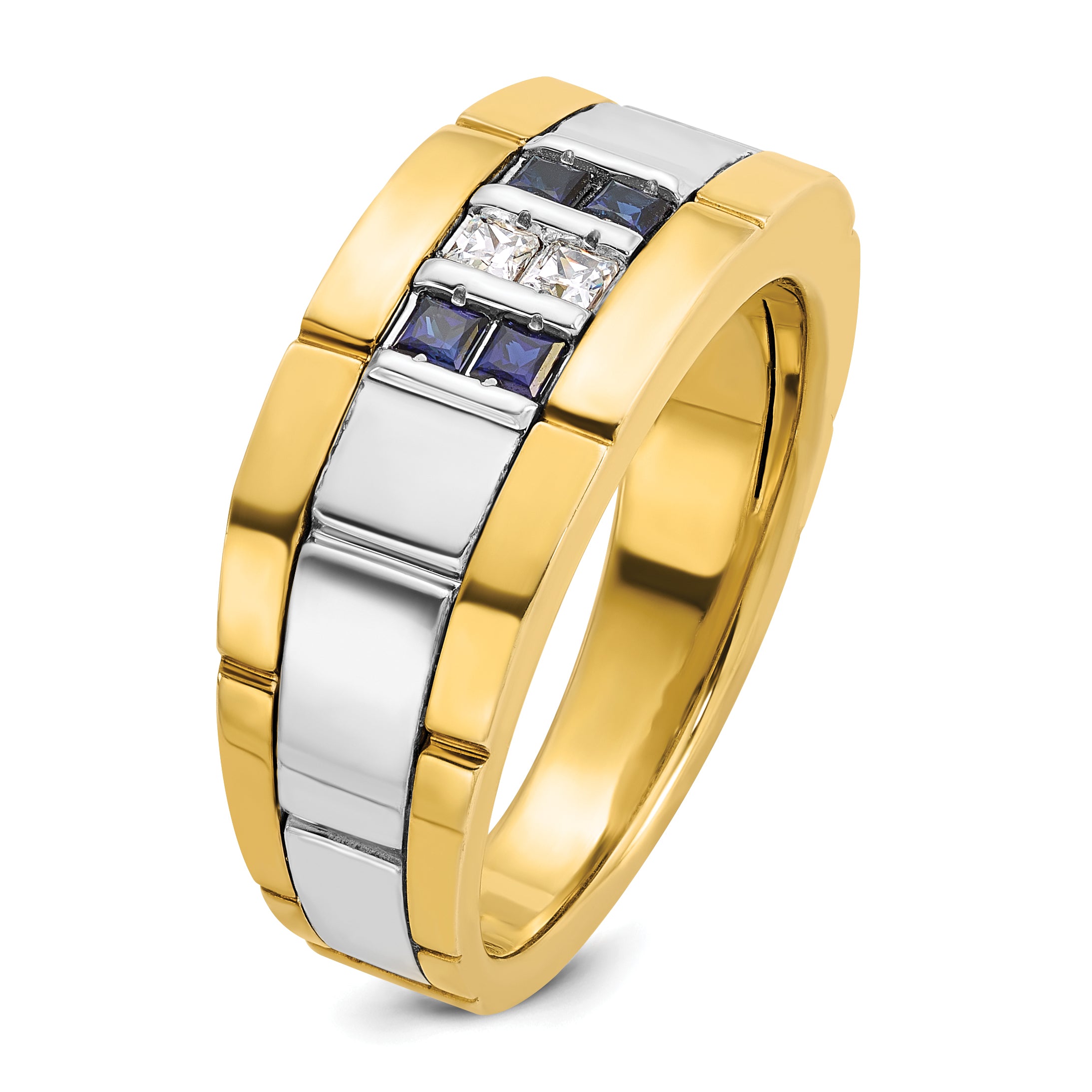 IBGoodman 10k Two-tone Men's Polished and Grooved Lab Created Sapphire and 1/10 Carat A Quality Diamond Ring