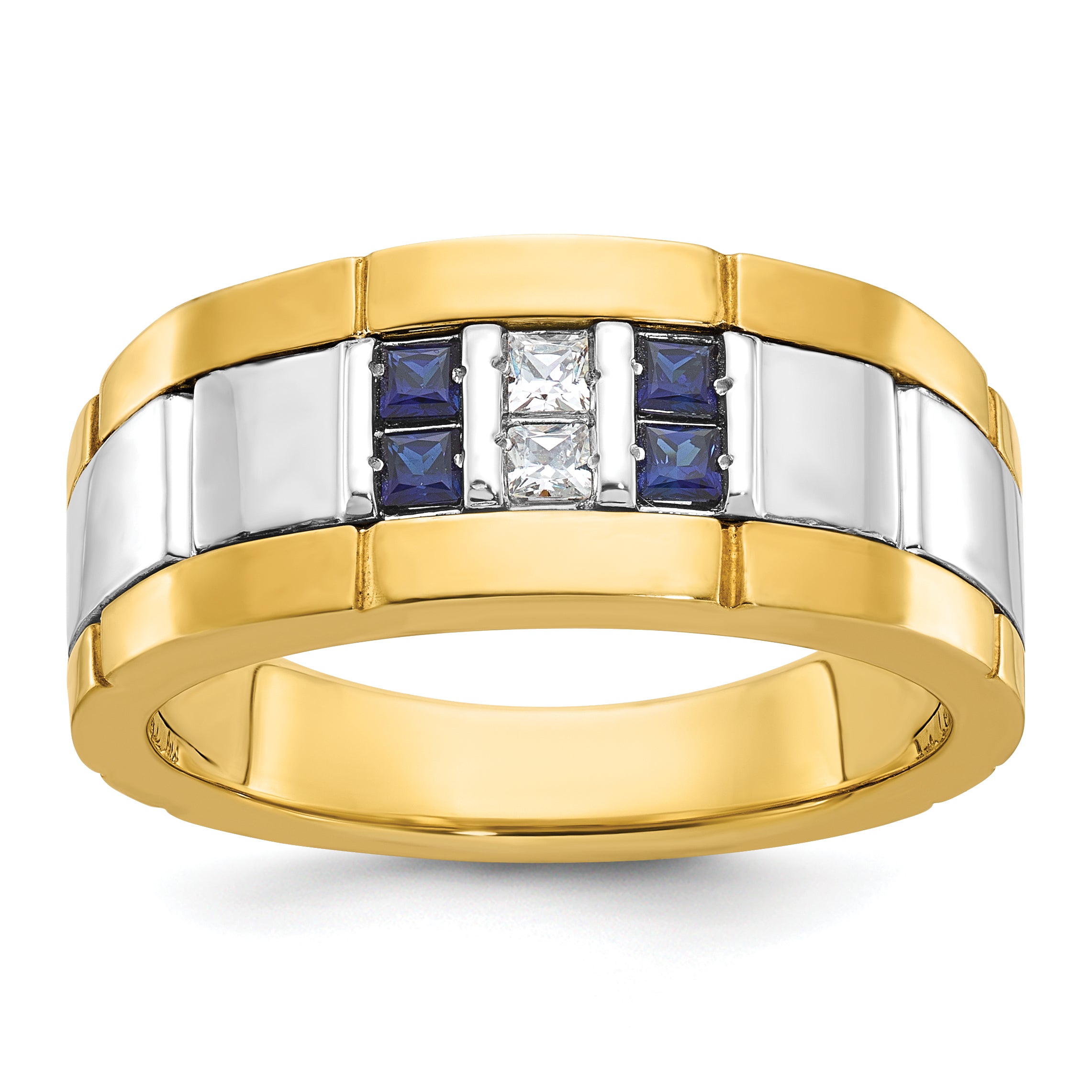 IBGoodman 10k Two-tone Men's Polished and Grooved Lab Created Sapphire and 1/10 Carat A Quality Diamond Ring