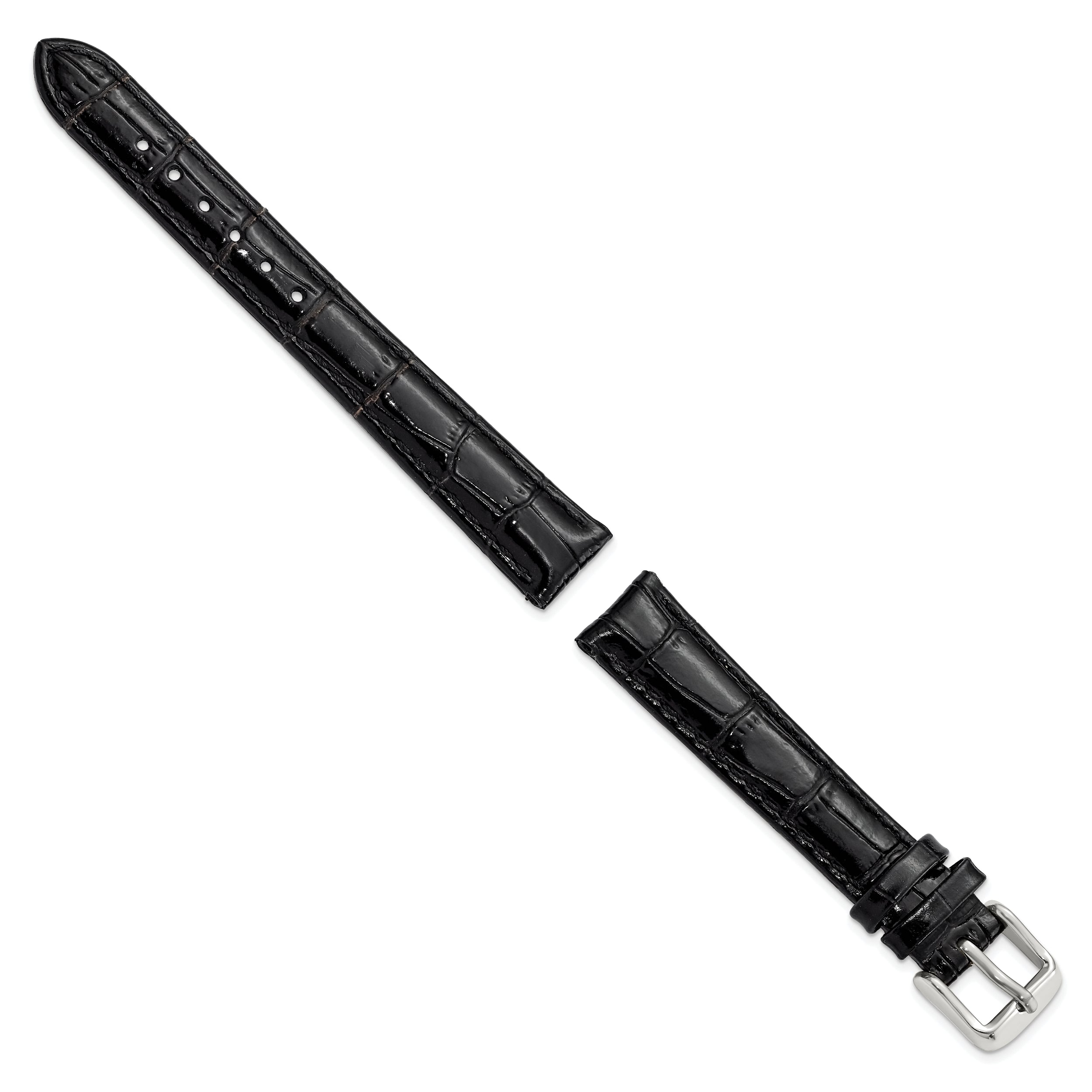 12mm Black Crocodile Grain Chronograph Leather with Silver-tone Buckle 6.75 inch Watch Band