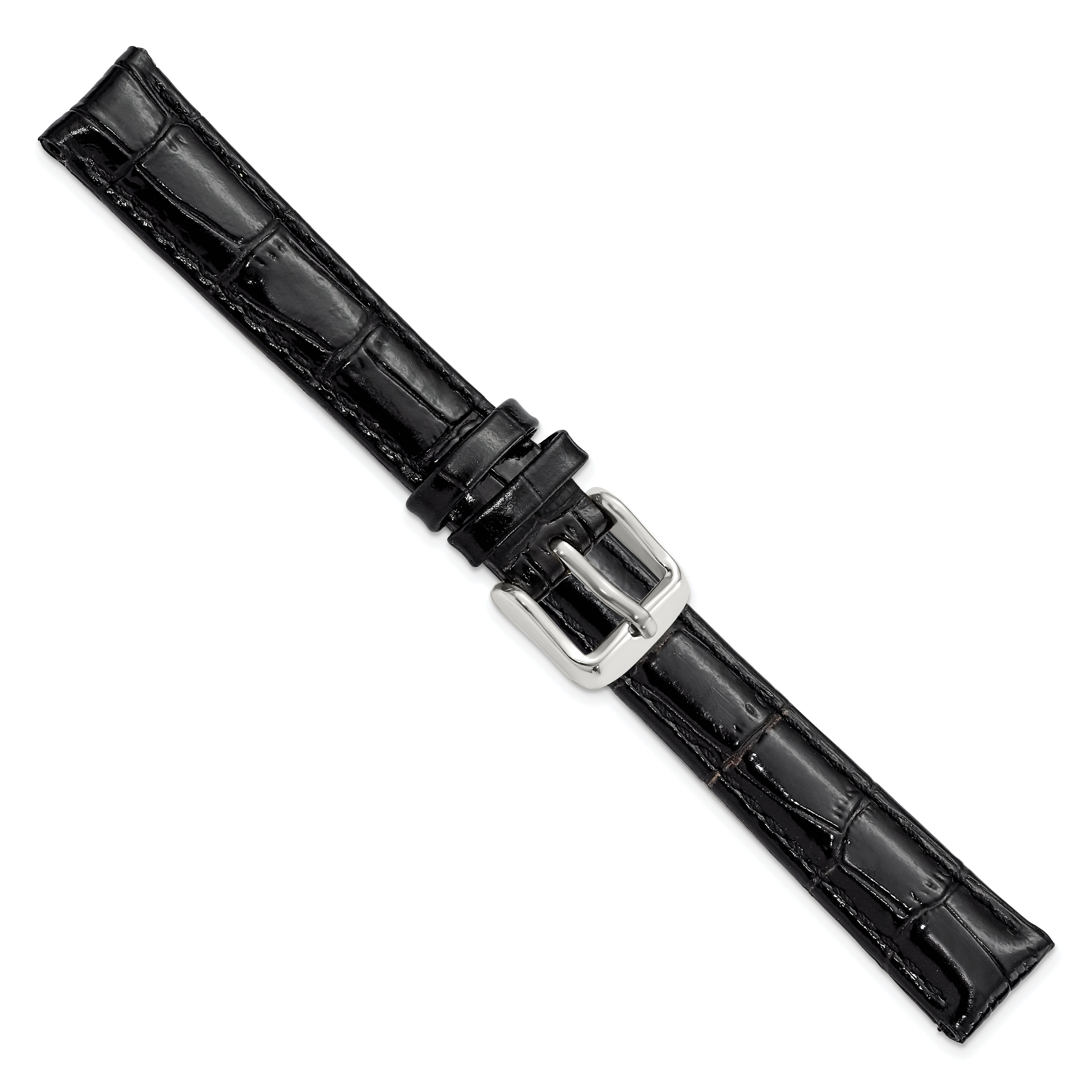 12mm Black Crocodile Grain Chronograph Leather with Silver-tone Buckle 6.75 inch Watch Band