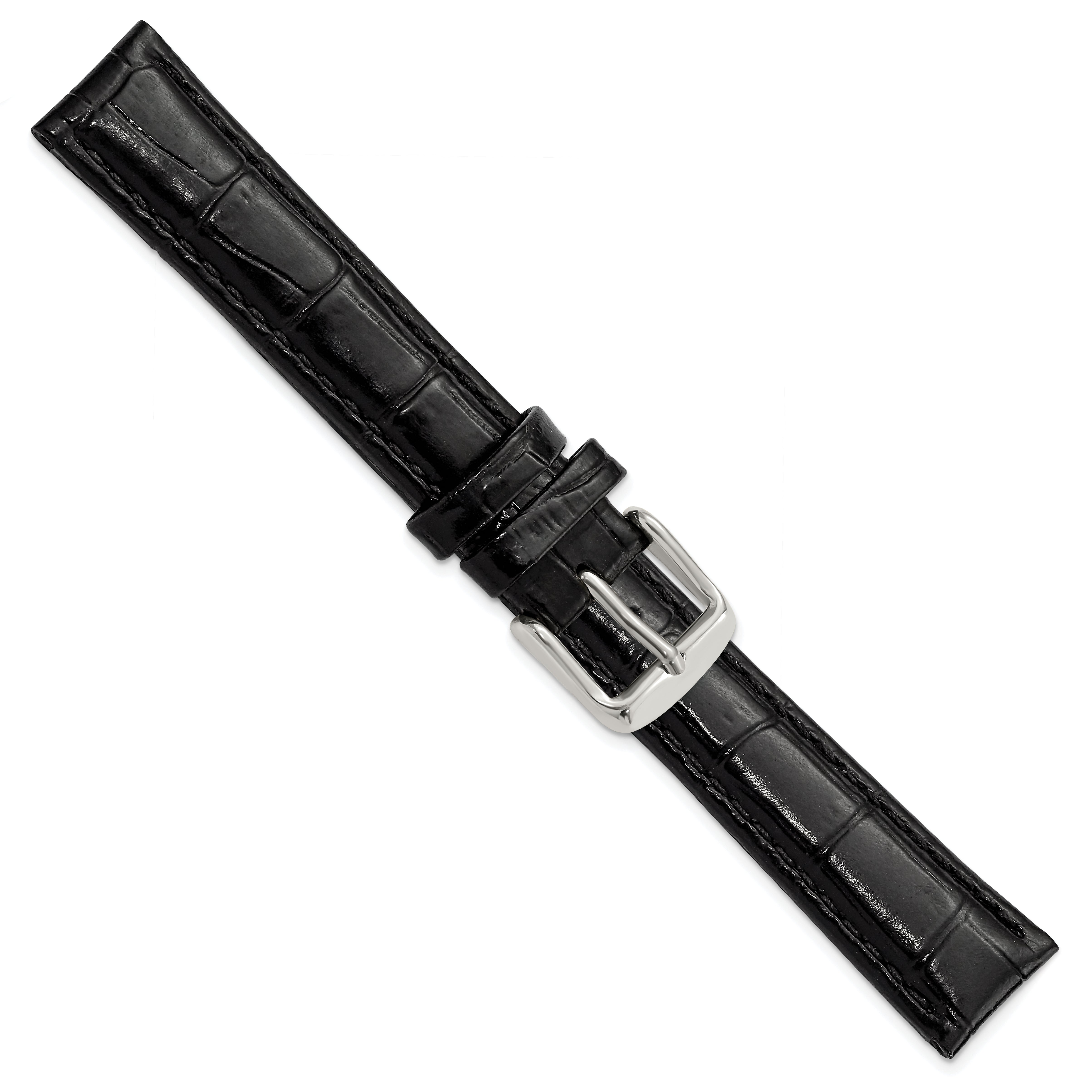 12mm Black Crocodile Grain Chronograph Leather with Silver-tone Buckle 6.75 inch Watch Band