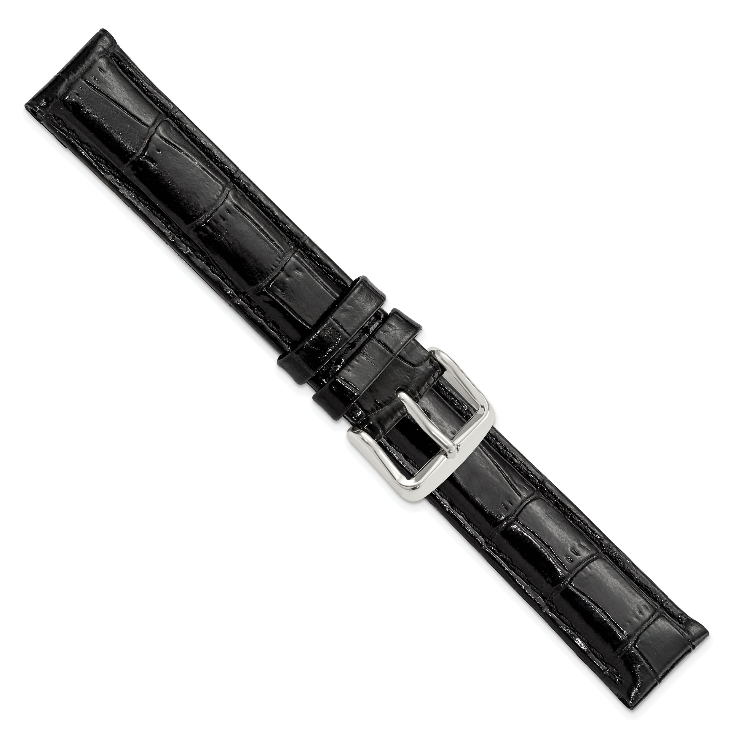 12mm Black Crocodile Grain Chronograph Leather with Silver-tone Buckle 6.75 inch Watch Band