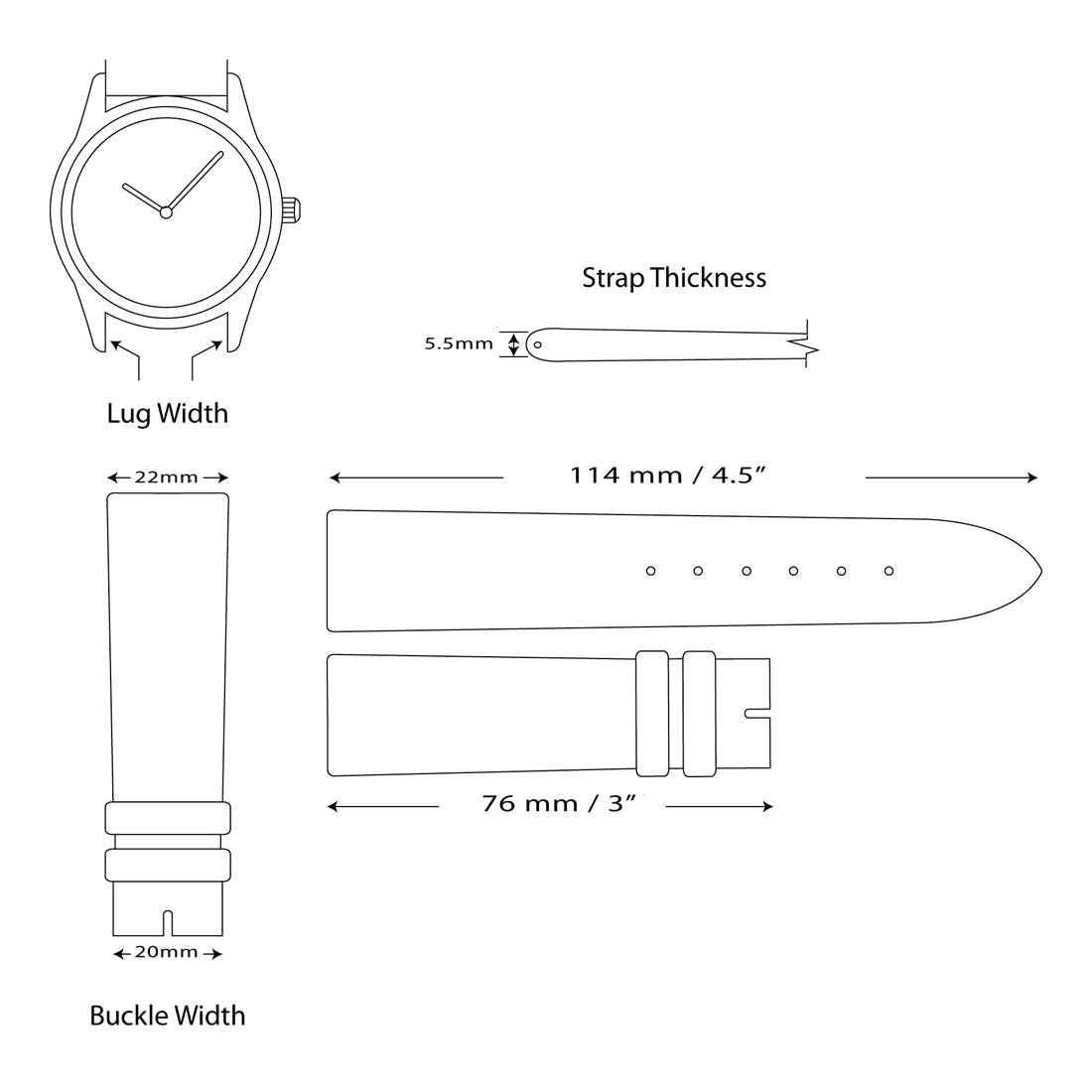 12mm Black Crocodile Grain Chronograph Leather with Silver-tone Buckle 6.75 inch Watch Band