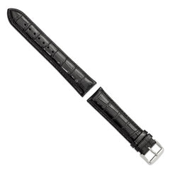 22mm Long Black Crocodile Grain Chronograph Leather with Silver-tone Buckle 8.5 inch Watch Band