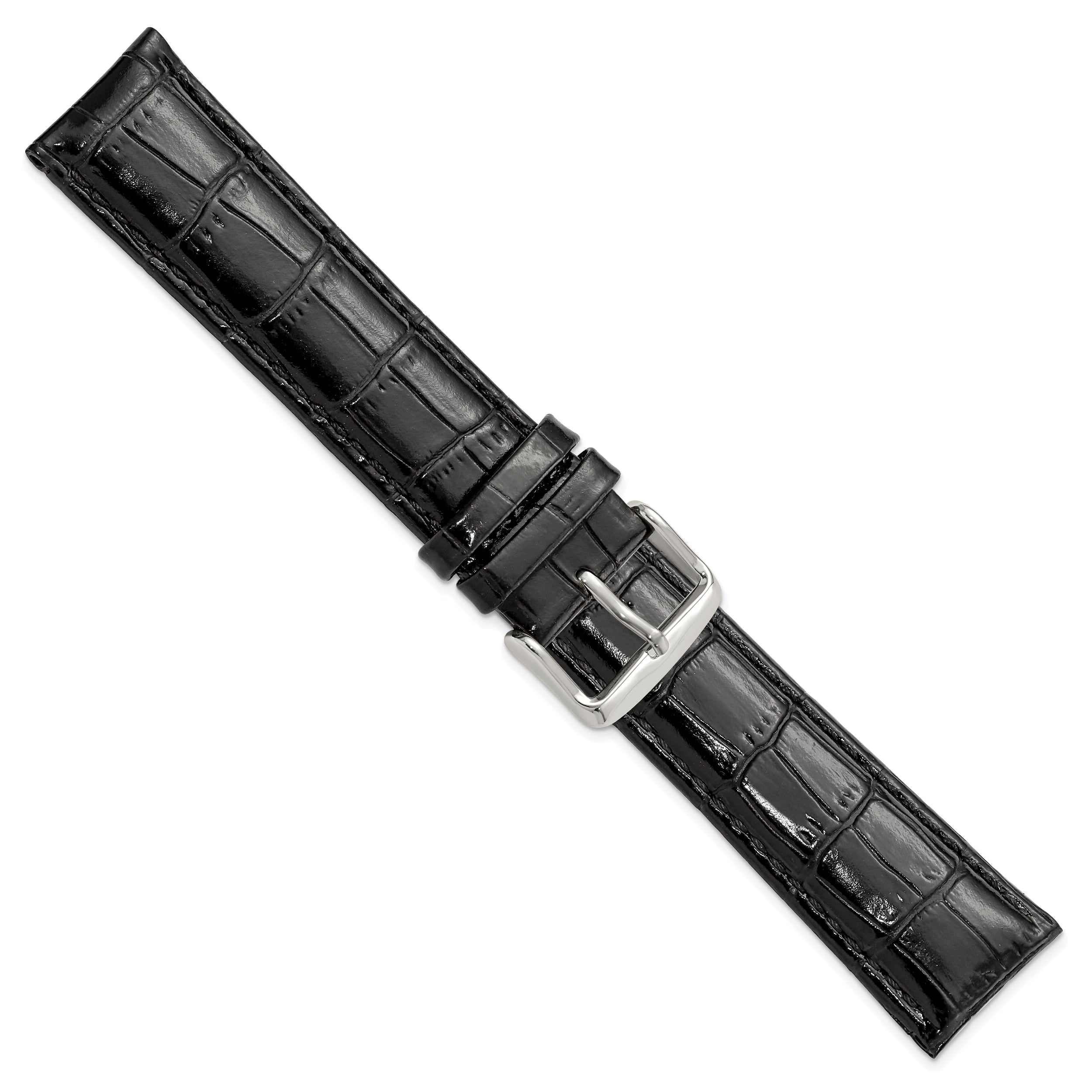 22mm Long Black Crocodile Grain Chronograph Leather with Silver-tone Buckle 8.5 inch Watch Band