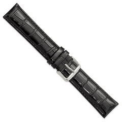 22mm Long Black Crocodile Grain Chronograph Leather with Silver-tone Buckle 8.5 inch Watch Band