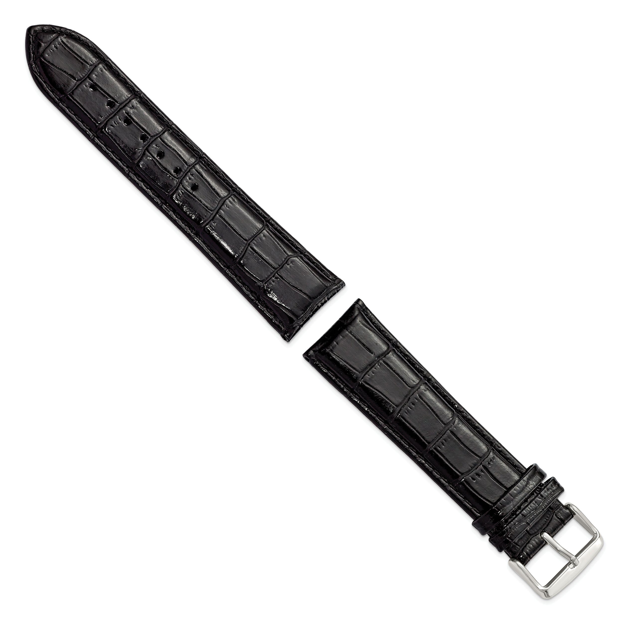 22mm Long Black Crocodile Grain Chronograph Leather with Silver-tone Buckle 8.5 inch Watch Band