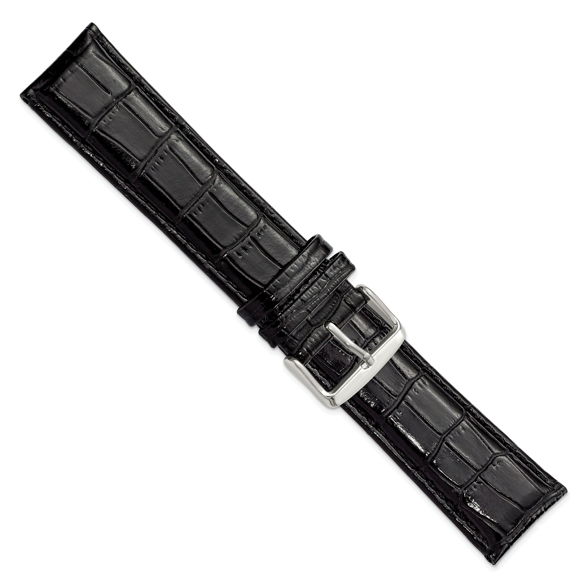 22mm Long Black Crocodile Grain Chronograph Leather with Silver-tone Buckle 8.5 inch Watch Band