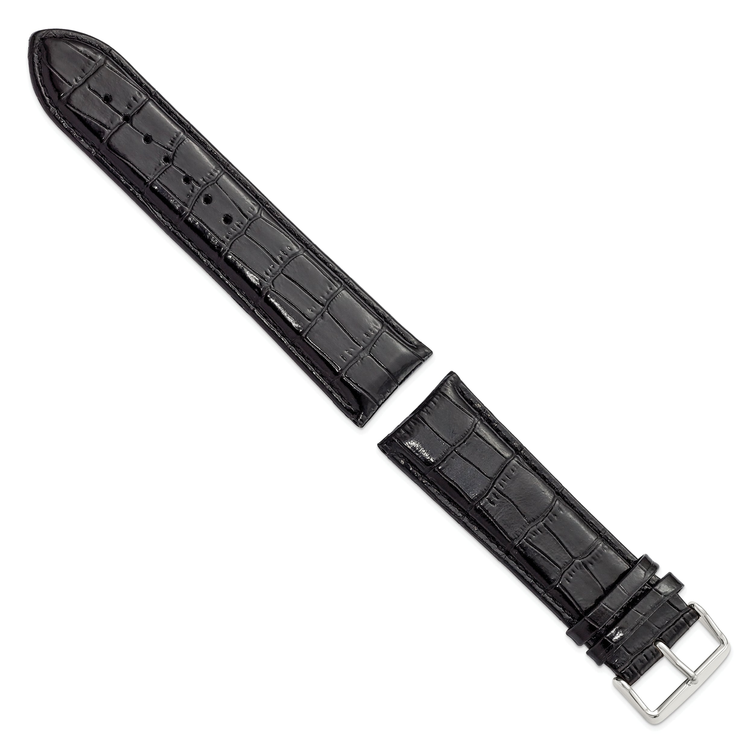 22mm Long Black Crocodile Grain Chronograph Leather with Silver-tone Buckle 8.5 inch Watch Band