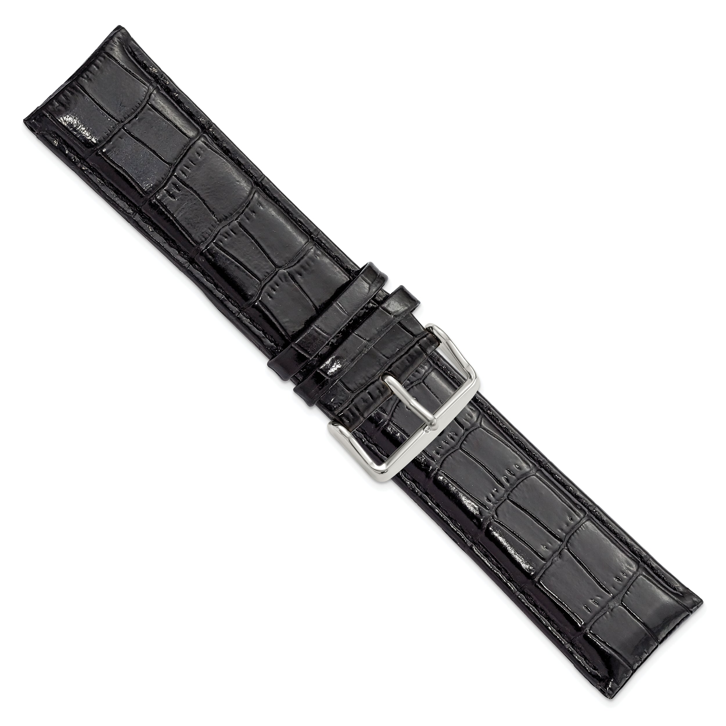 22mm Long Black Crocodile Grain Chronograph Leather with Silver-tone Buckle 8.5 inch Watch Band