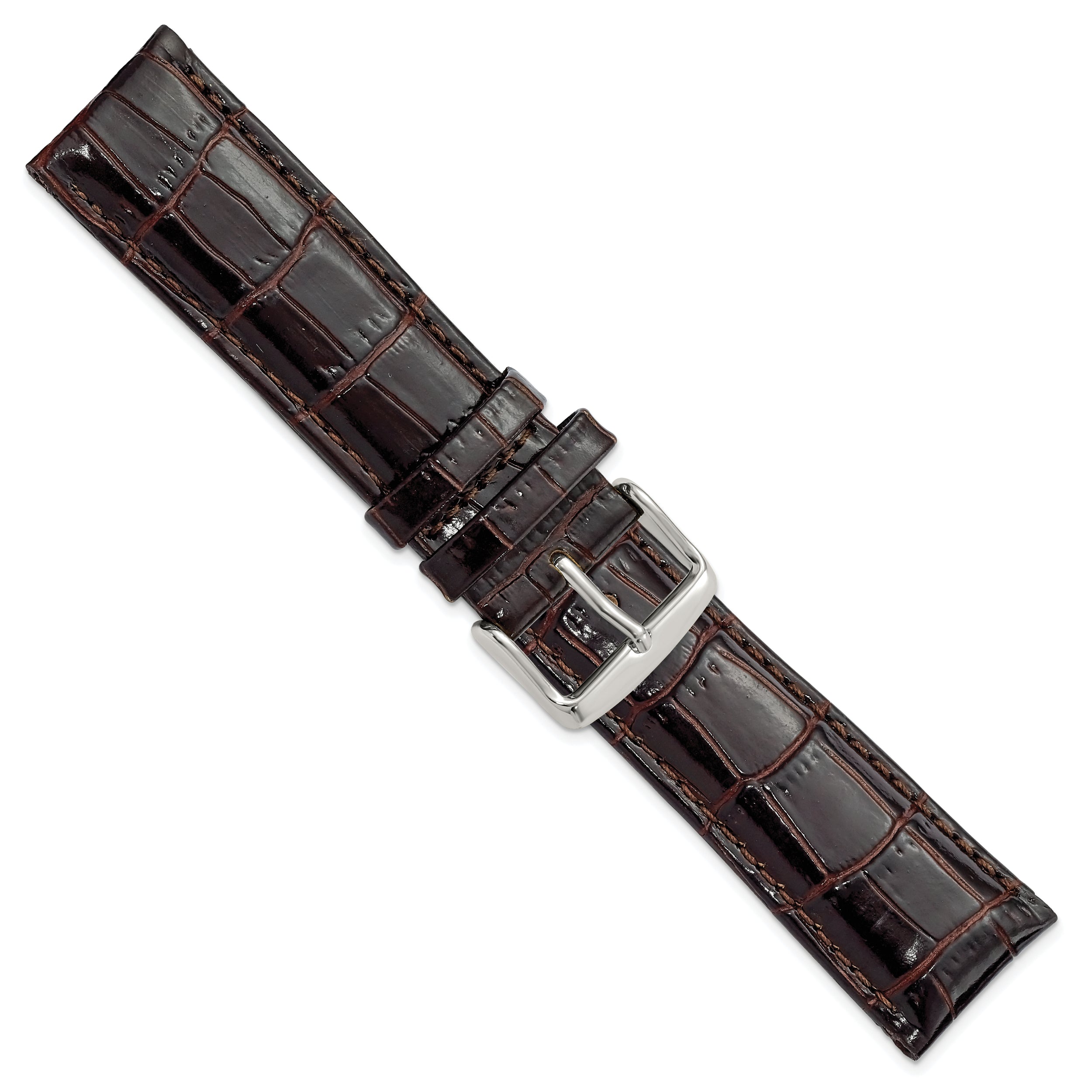 12mm Dark Brown Crocodile Grain Chronograph Leather with Silver-tone Buckle 6.75 inch Watch Band