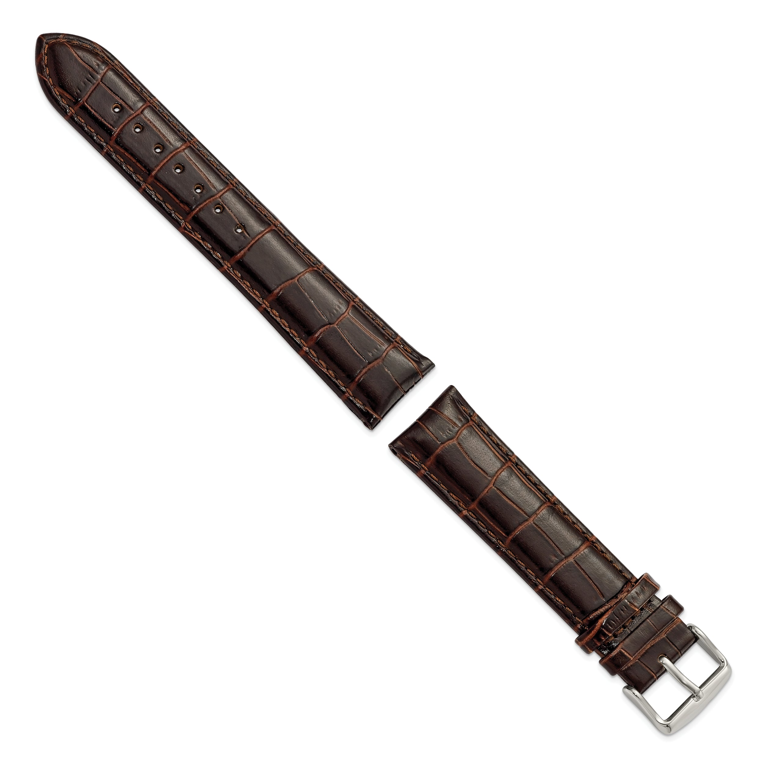 22mm Long Dark Brown Crocodile Grain Chronograph Leather with Silver-tone Buckle 8.5 inch Watch Band