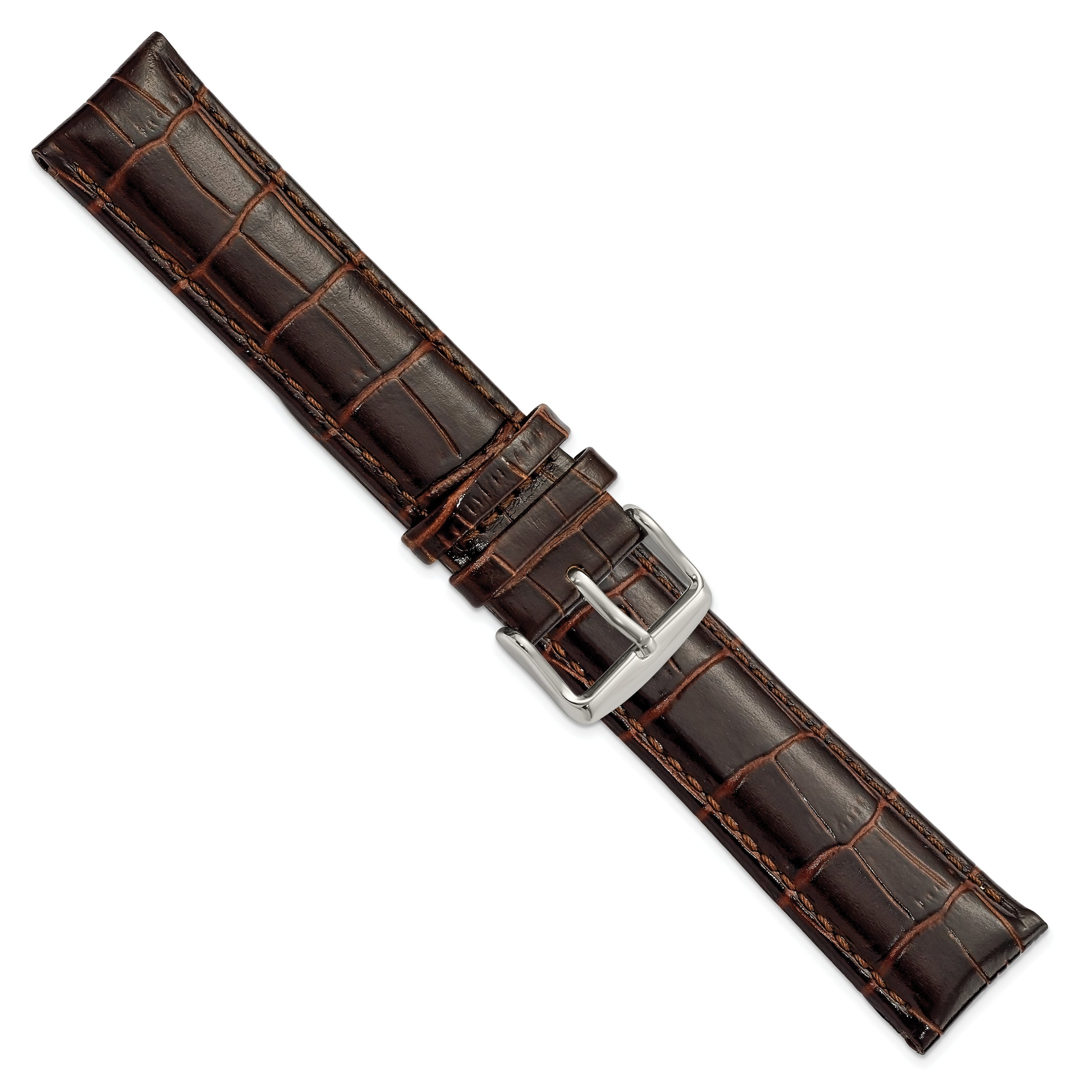 22mm Long Dark Brown Crocodile Grain Chronograph Leather with Silver-tone Buckle 8.5 inch Watch Band