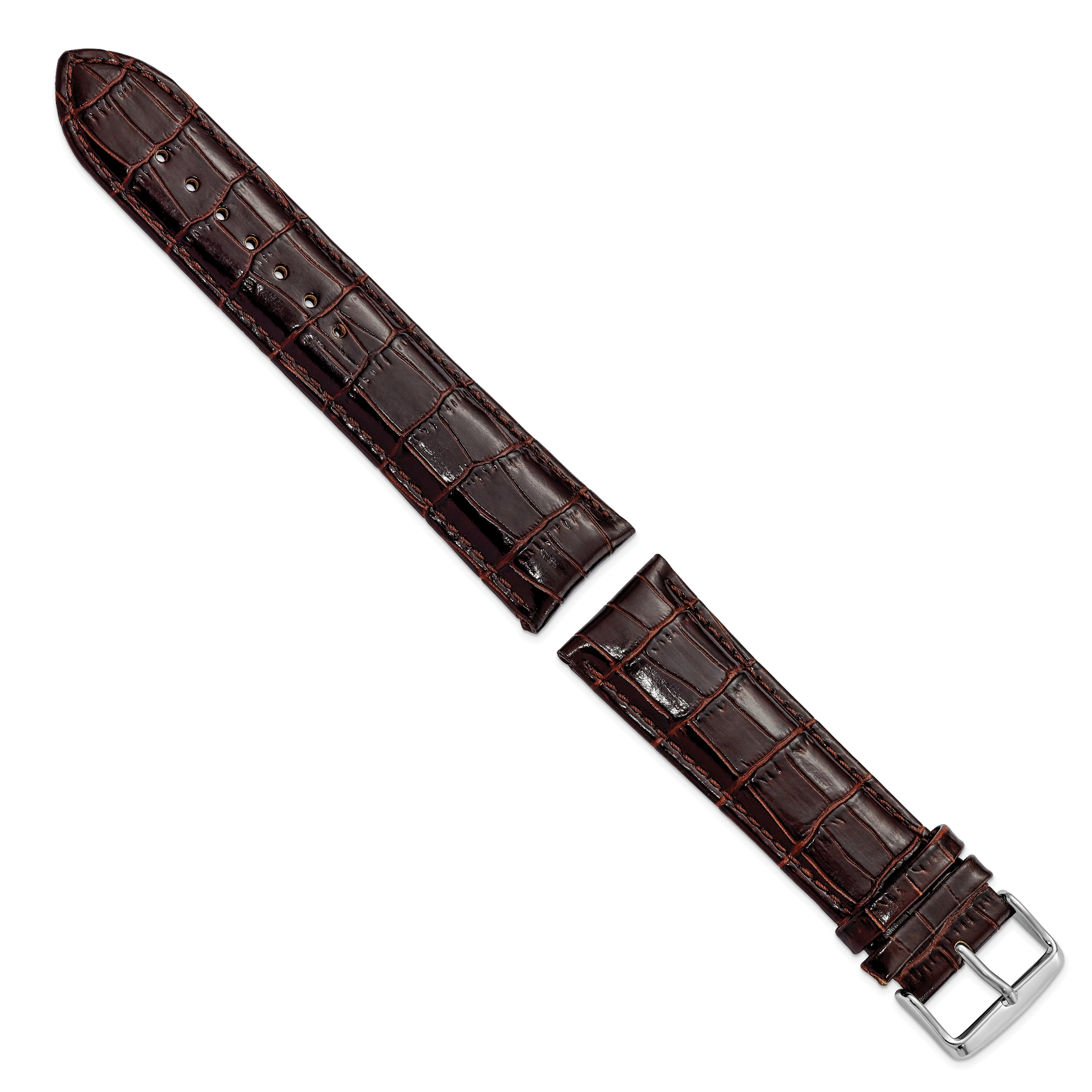 22mm Long Dark Brown Crocodile Grain Chronograph Leather with Silver-tone Buckle 8.5 inch Watch Band