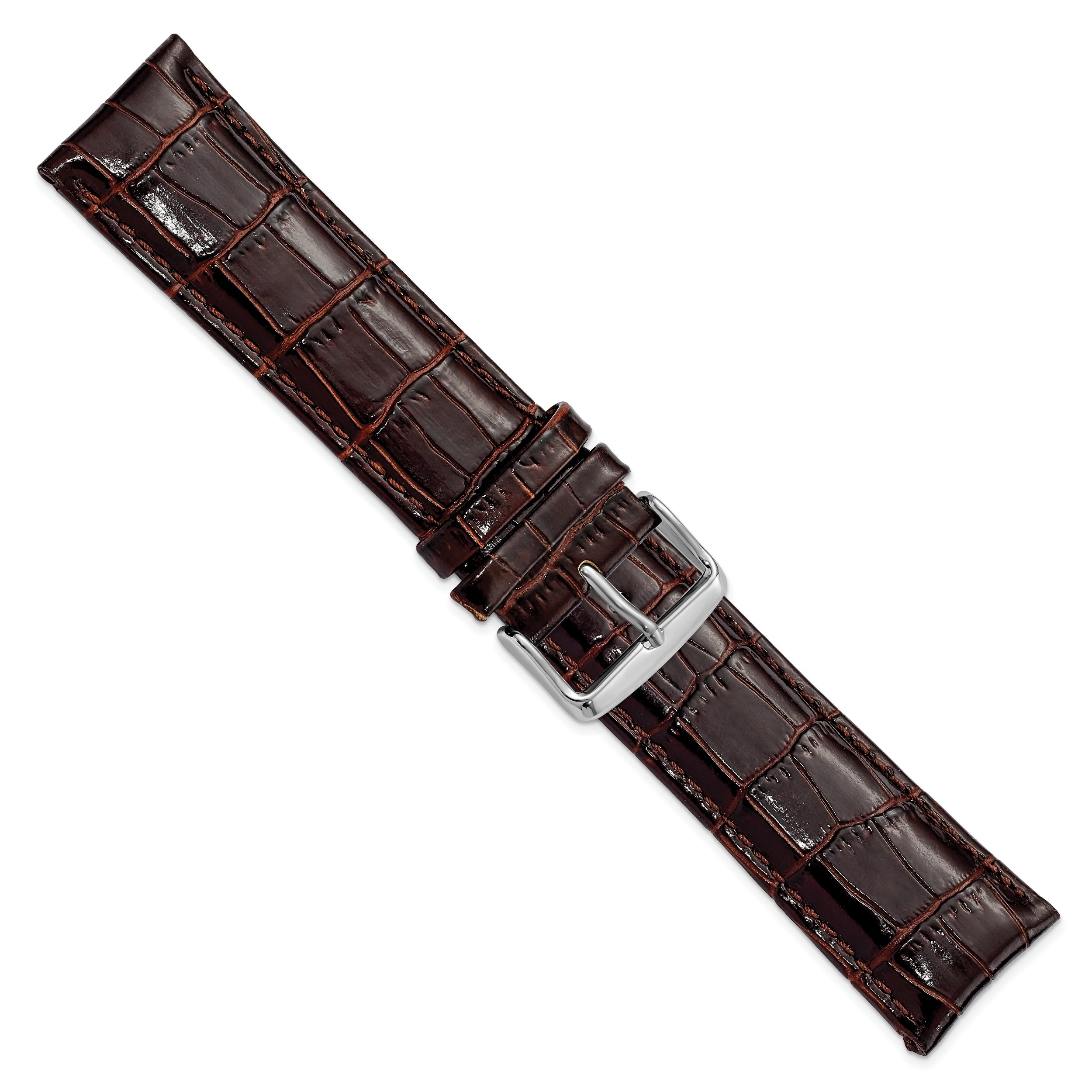 22mm Long Dark Brown Crocodile Grain Chronograph Leather with Silver-tone Buckle 8.5 inch Watch Band