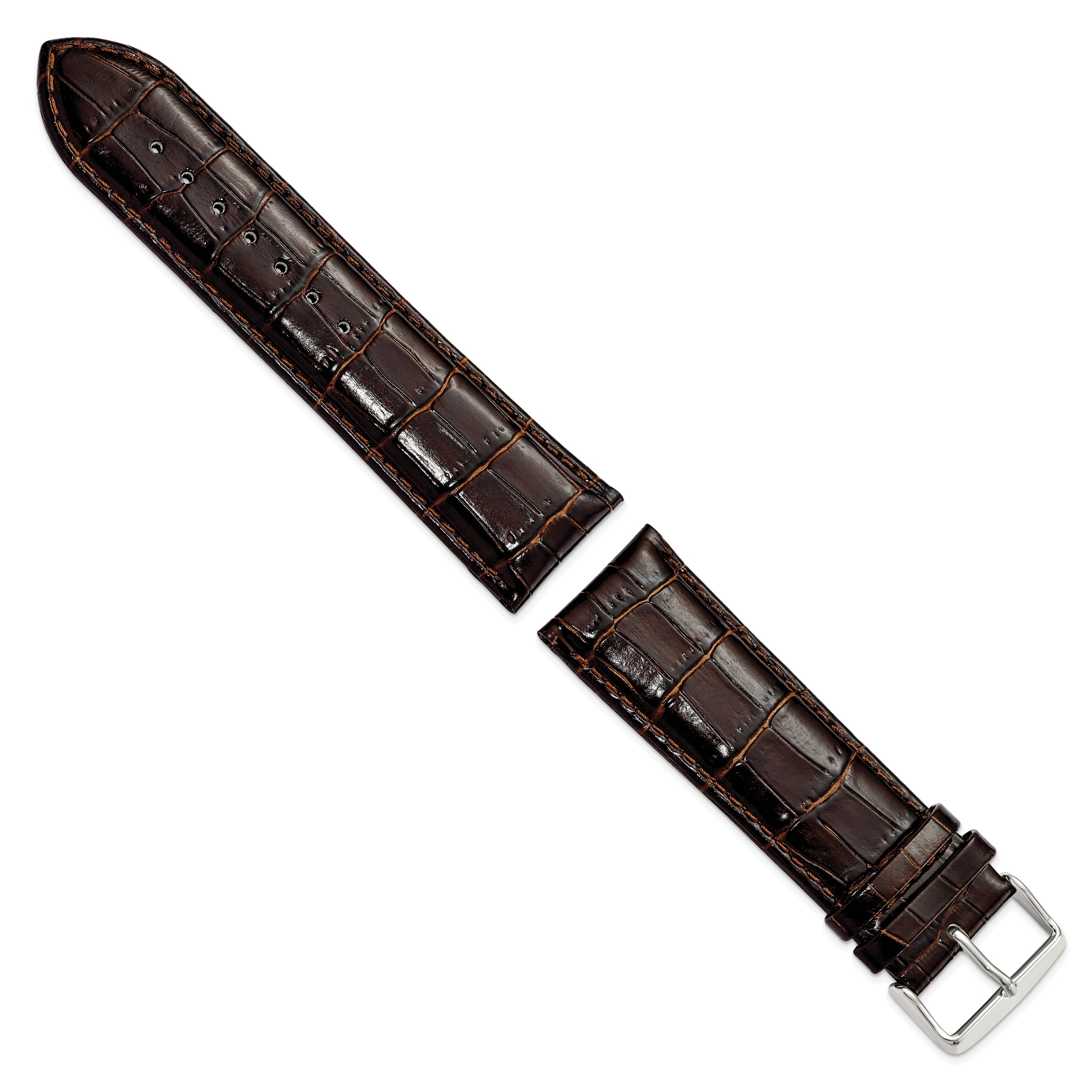 22mm Long Dark Brown Crocodile Grain Chronograph Leather with Silver-tone Buckle 8.5 inch Watch Band