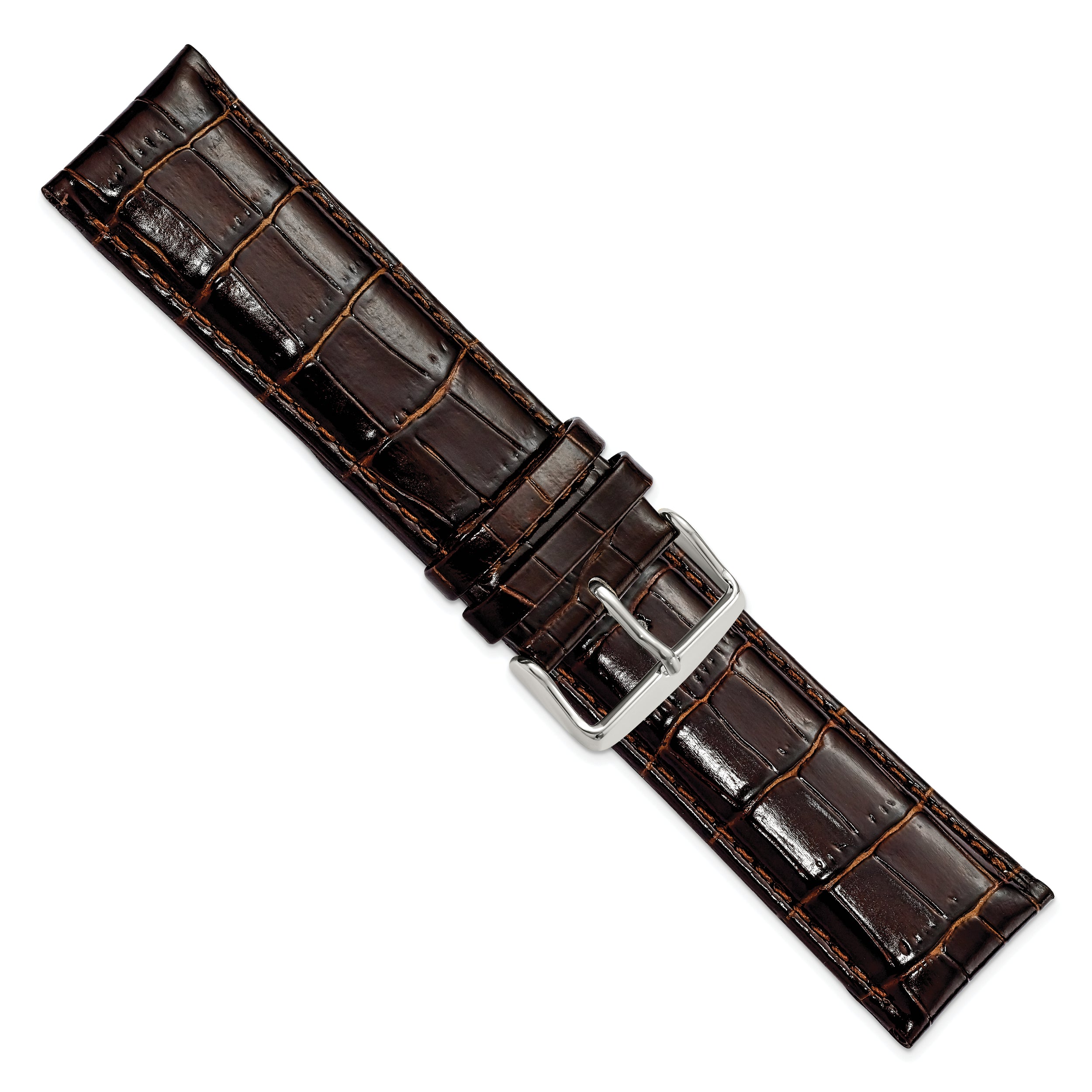 22mm Long Dark Brown Crocodile Grain Chronograph Leather with Silver-tone Buckle 8.5 inch Watch Band