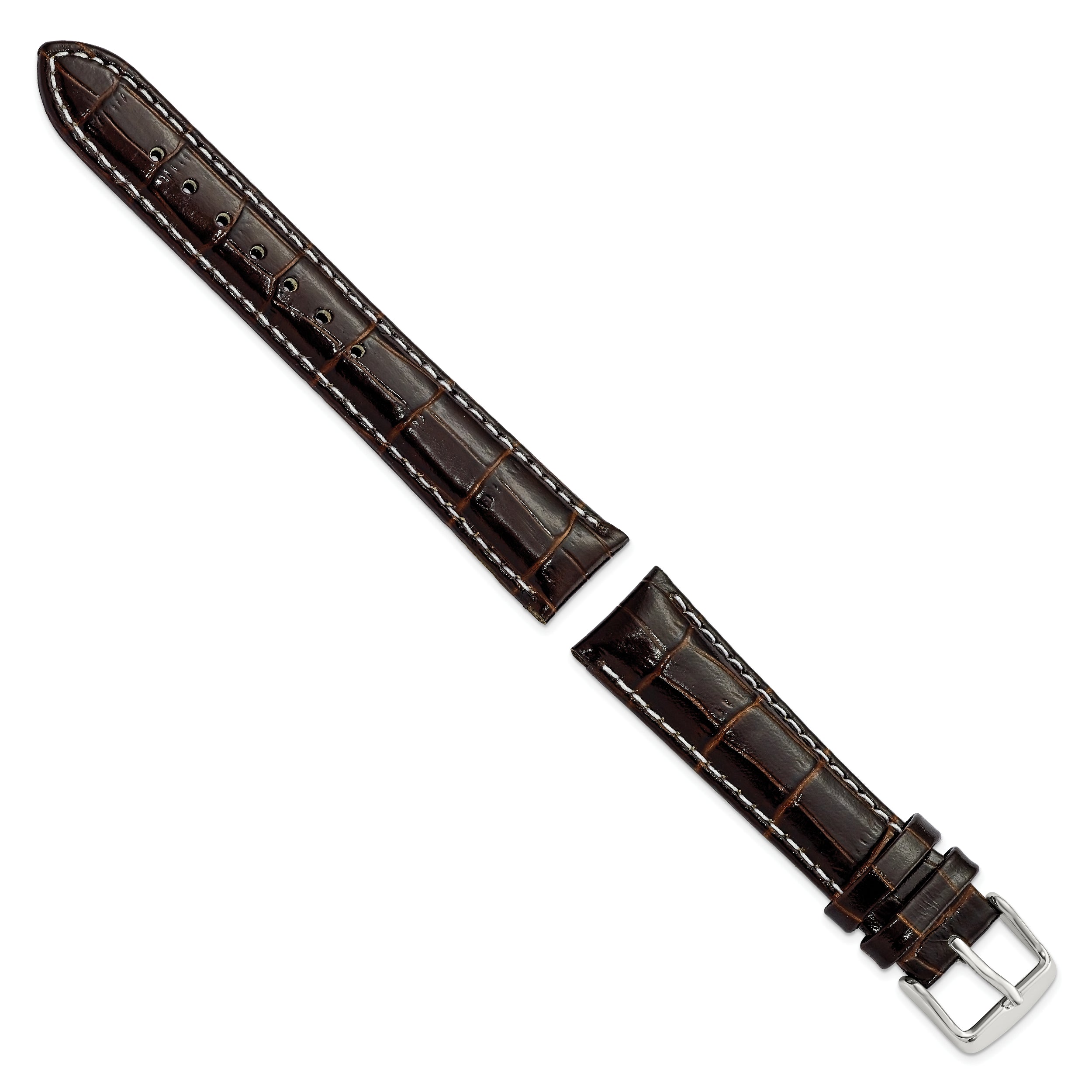 18mm Brown Crocodile Grain Chronograph Leather with White Stitching and Silver-tone Buckle 7.5 inch Watch Band