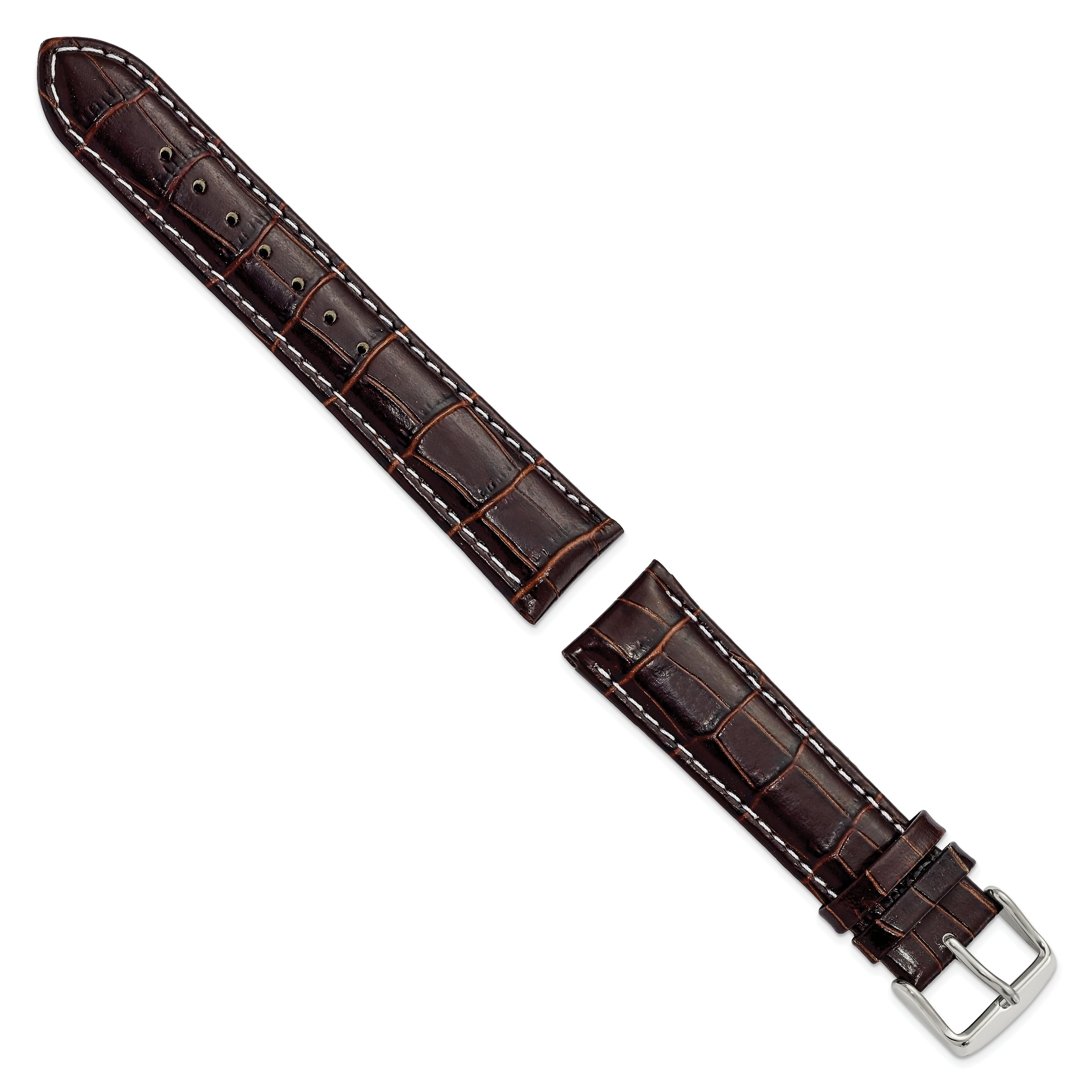 18mm Brown Crocodile Grain Chronograph Leather with White Stitching and Silver-tone Buckle 7.5 inch Watch Band