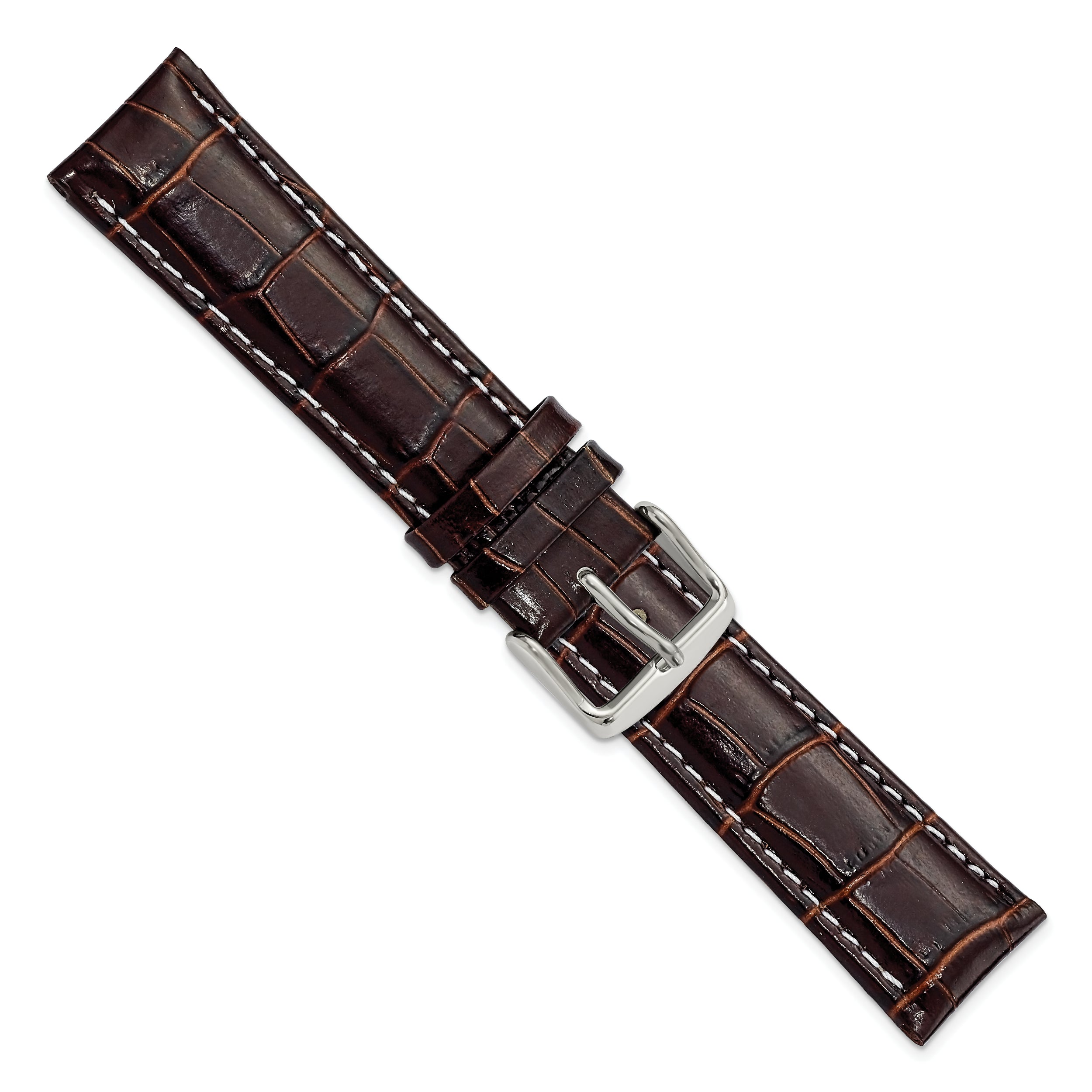 18mm Brown Crocodile Grain Chronograph Leather with White Stitching and Silver-tone Buckle 7.5 inch Watch Band