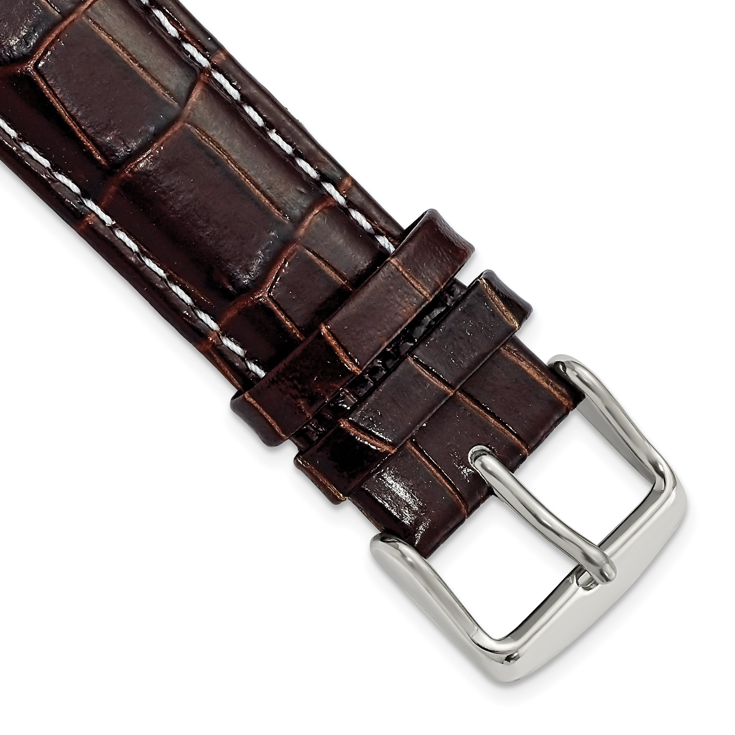 DeBeer 20mm Brown Crocodile Grain Chronograph Leather with White Stitching and Silver-tone Buckle 7.5 inch Watch Band