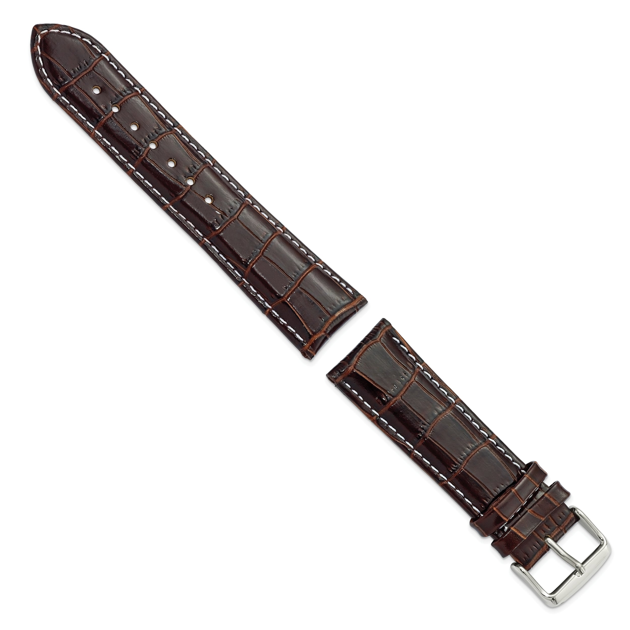 18mm Brown Crocodile Grain Chronograph Leather with White Stitching and Silver-tone Buckle 7.5 inch Watch Band