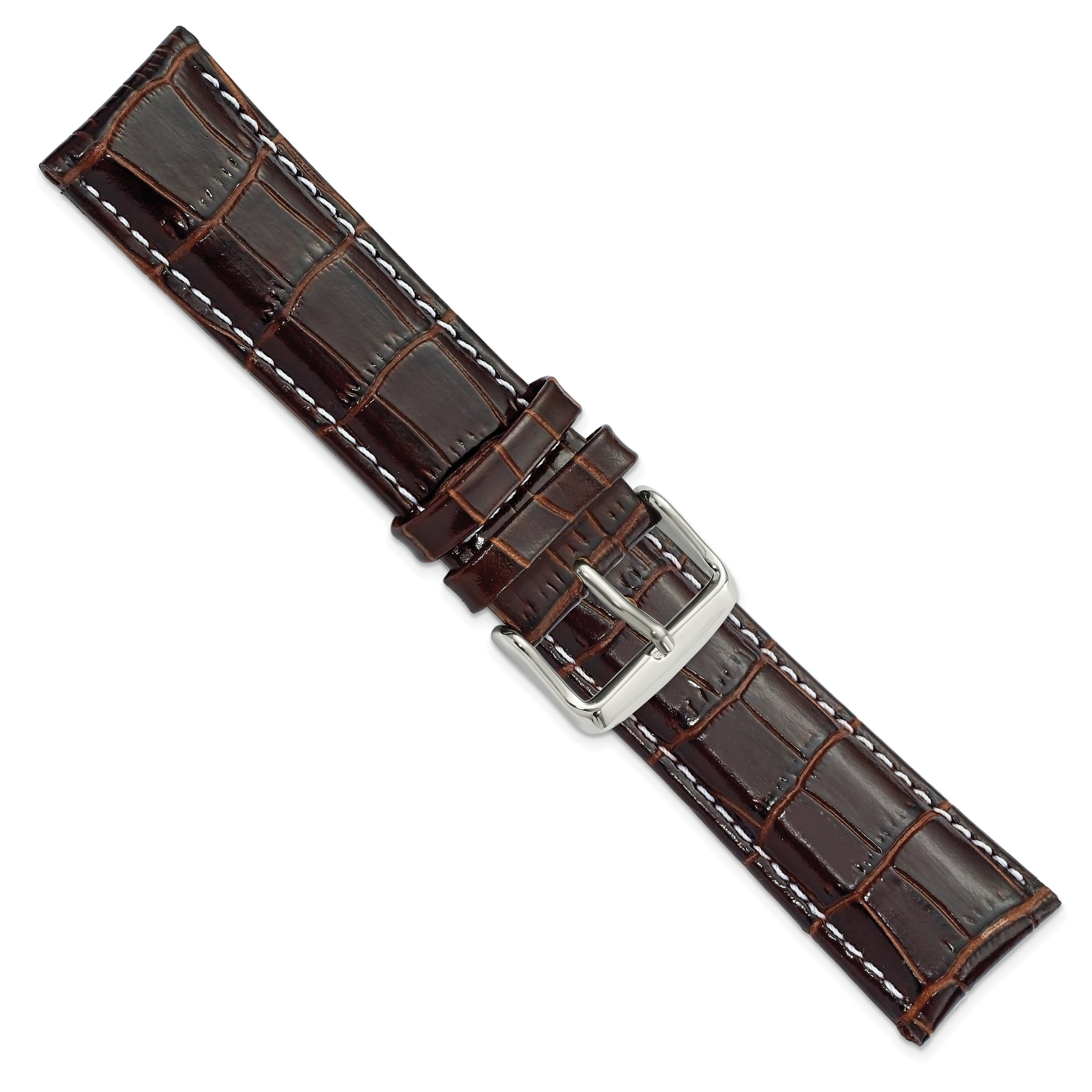 18mm Brown Crocodile Grain Chronograph Leather with White Stitching and Silver-tone Buckle 7.5 inch Watch Band