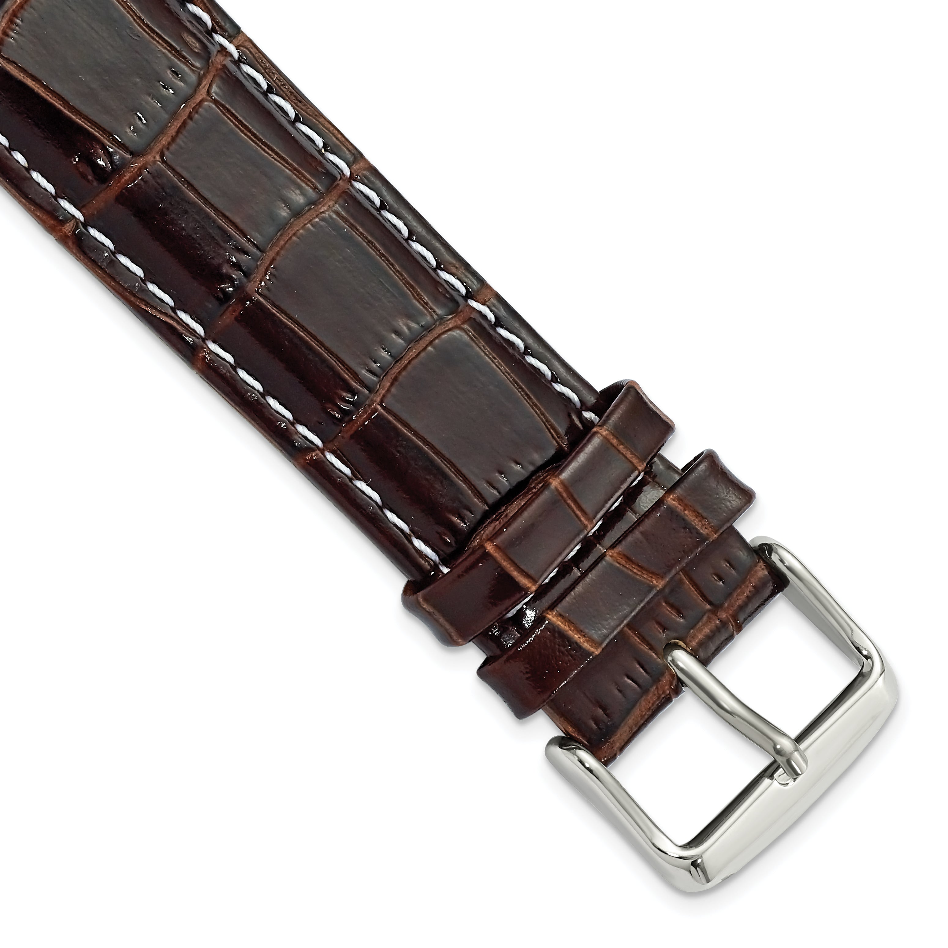 DeBeer 22mm Brown Crocodile Grain Chronograph Leather with White Stitching and Silver-tone Buckle 7.5 inch Watch Band