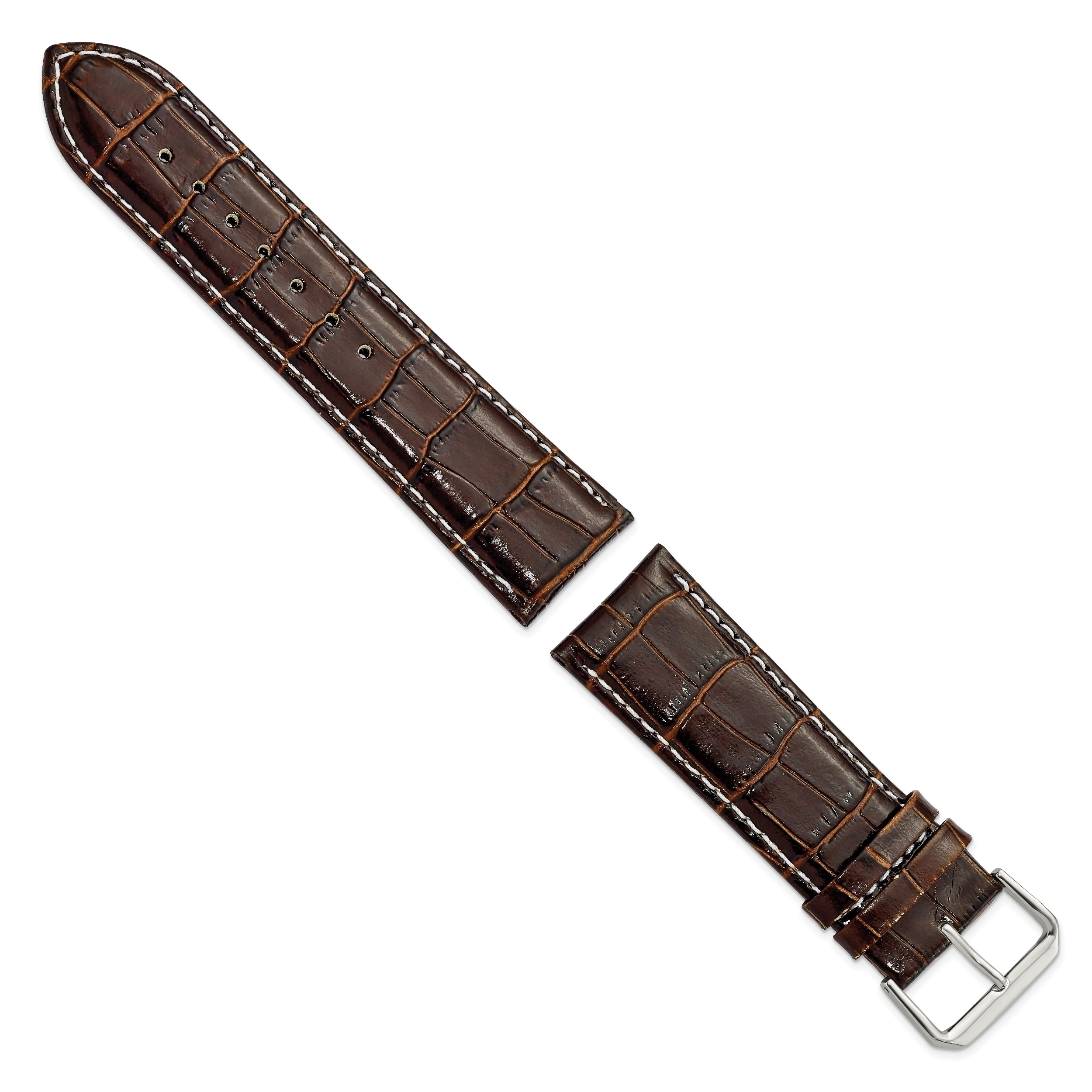 18mm Brown Crocodile Grain Chronograph Leather with White Stitching and Silver-tone Buckle 7.5 inch Watch Band