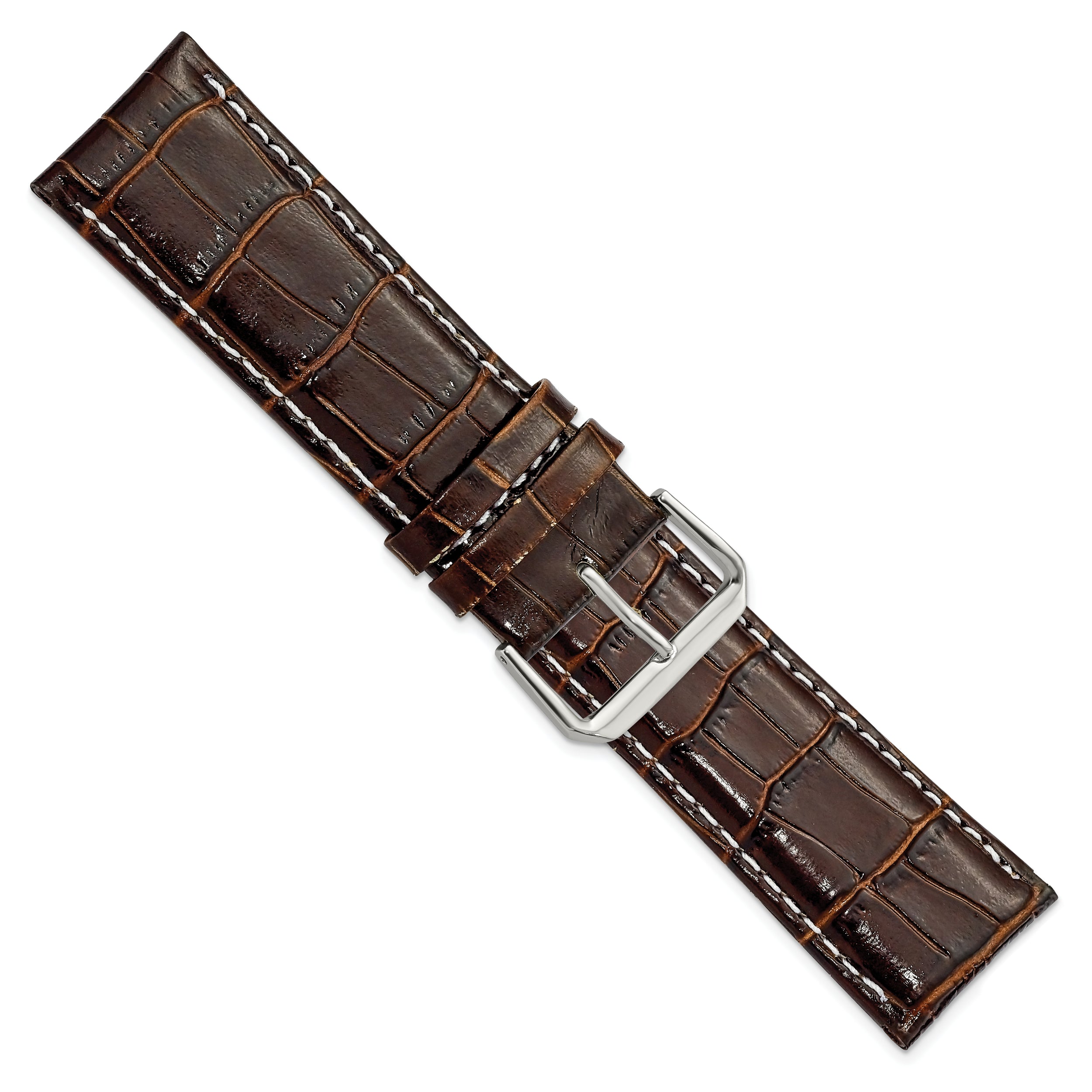 18mm Brown Crocodile Grain Chronograph Leather with White Stitching and Silver-tone Buckle 7.5 inch Watch Band